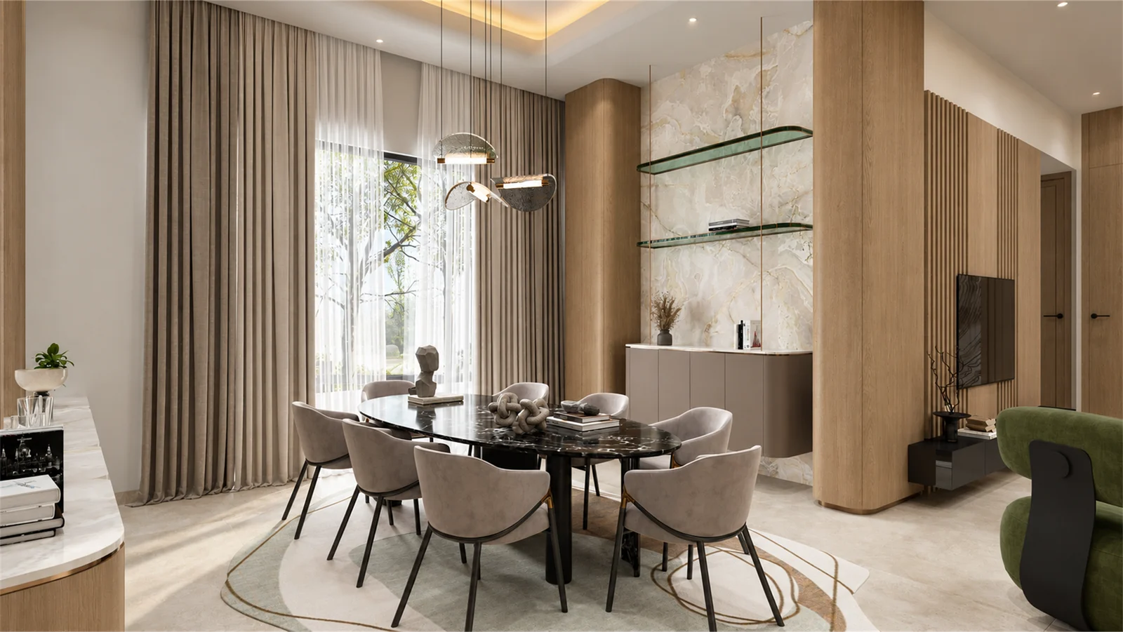 Dining table beside an illuminated display cabinet