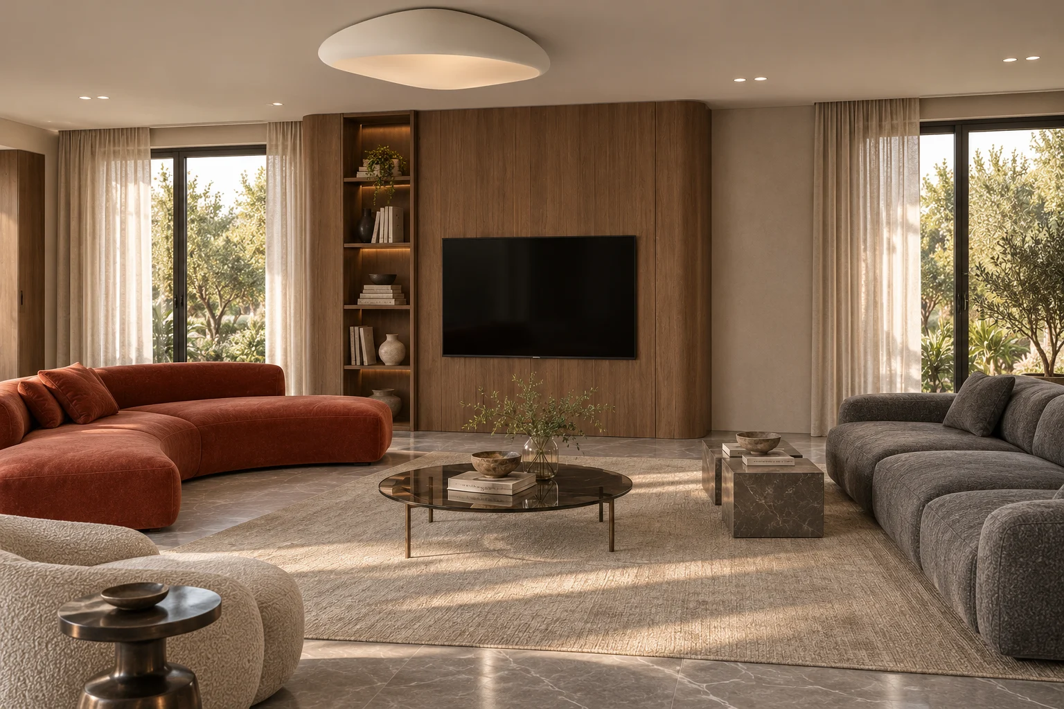 Option 2 — Rounded timber TV wall & illuminated shelves