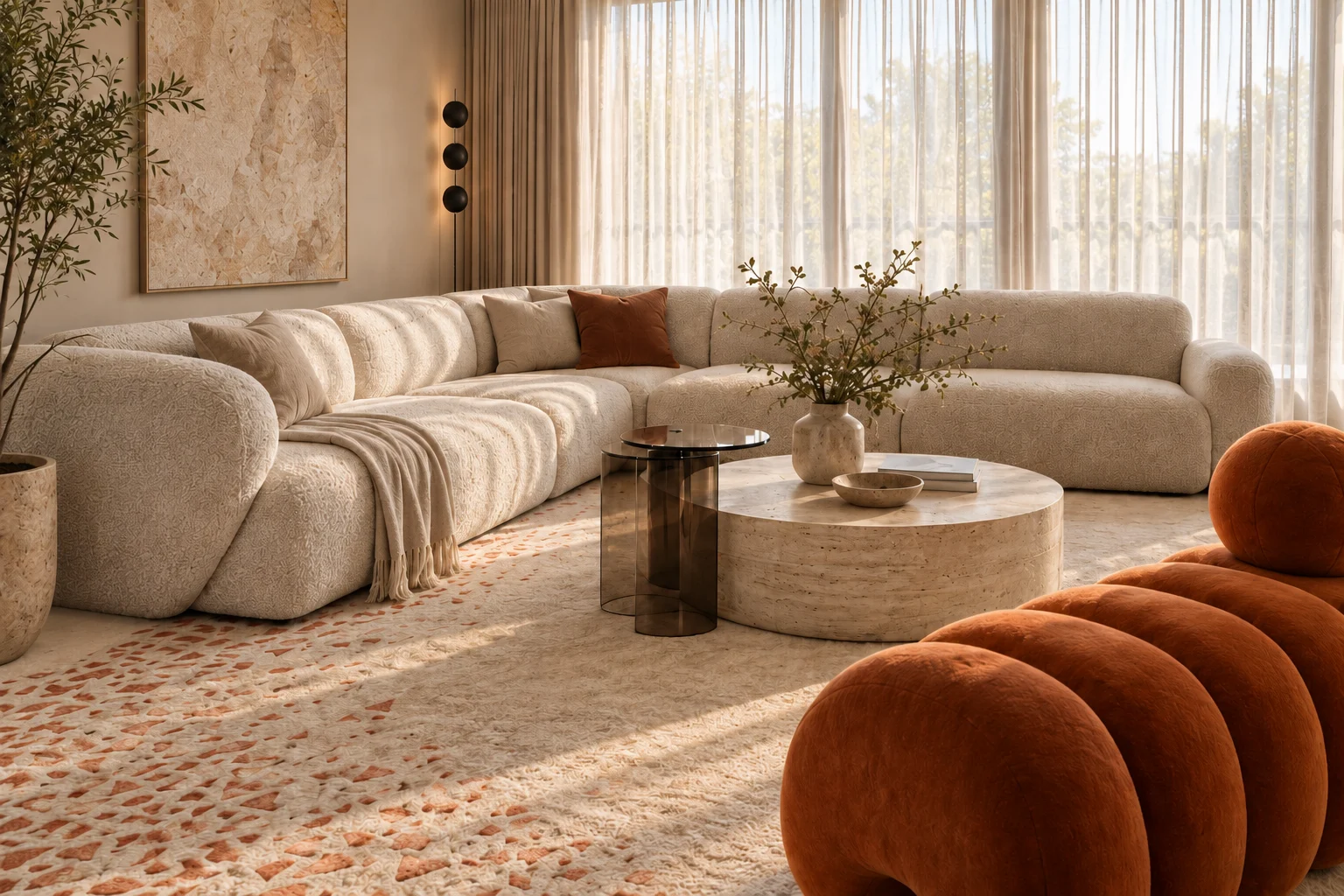 Textured ivory sofa, rounded coffee table & warm accent colours