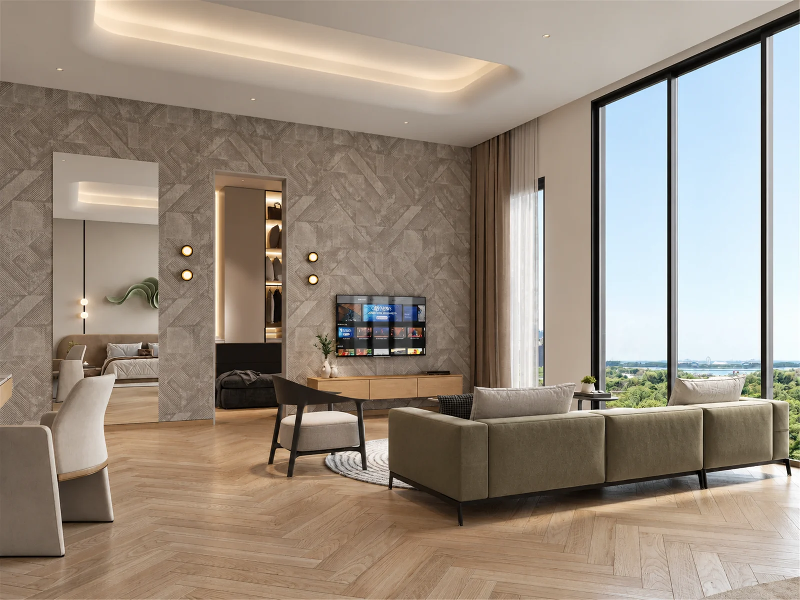 Main suite sitting area facing a textured TV wall