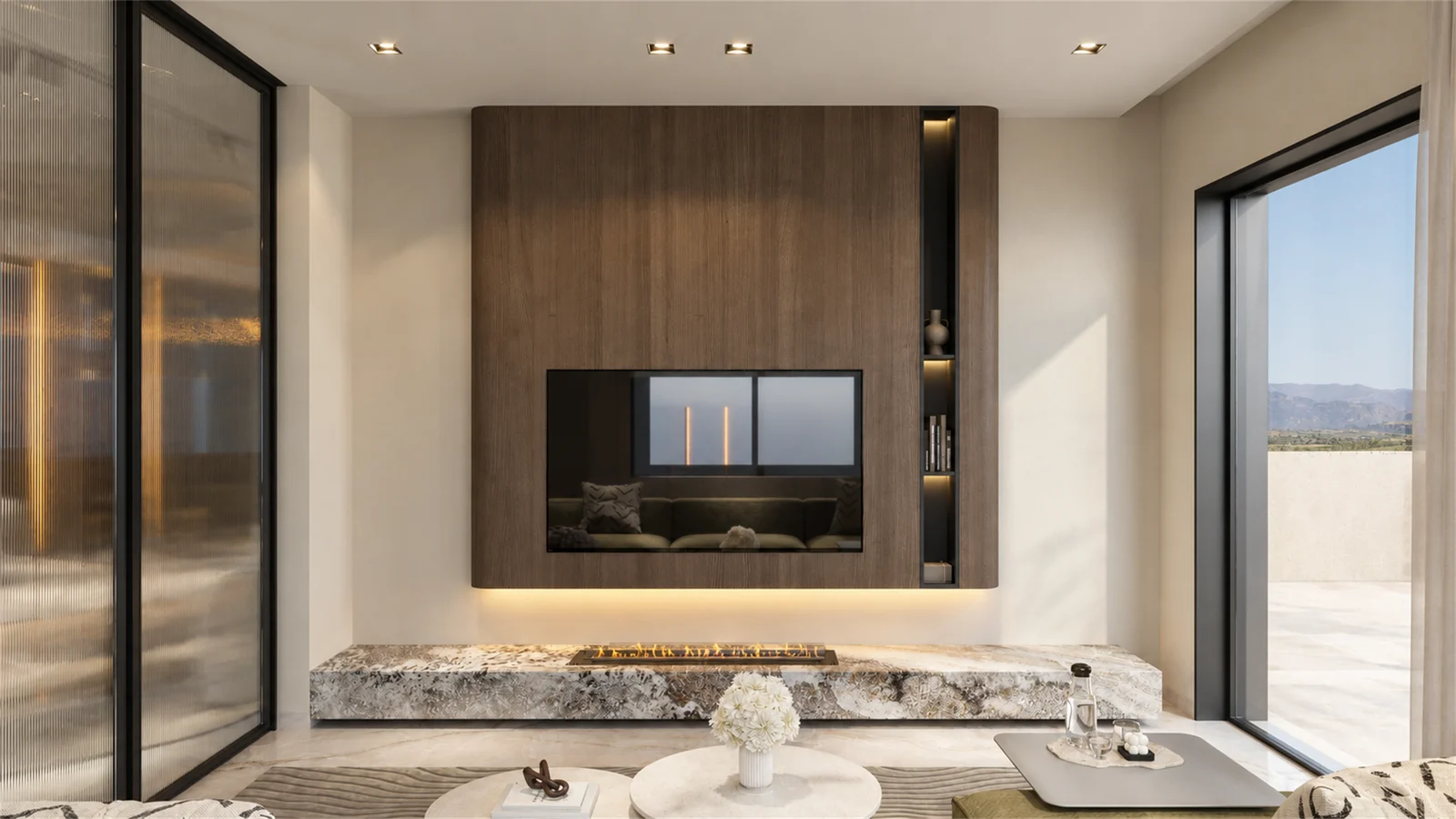 Timber TV wall & linear fireplace