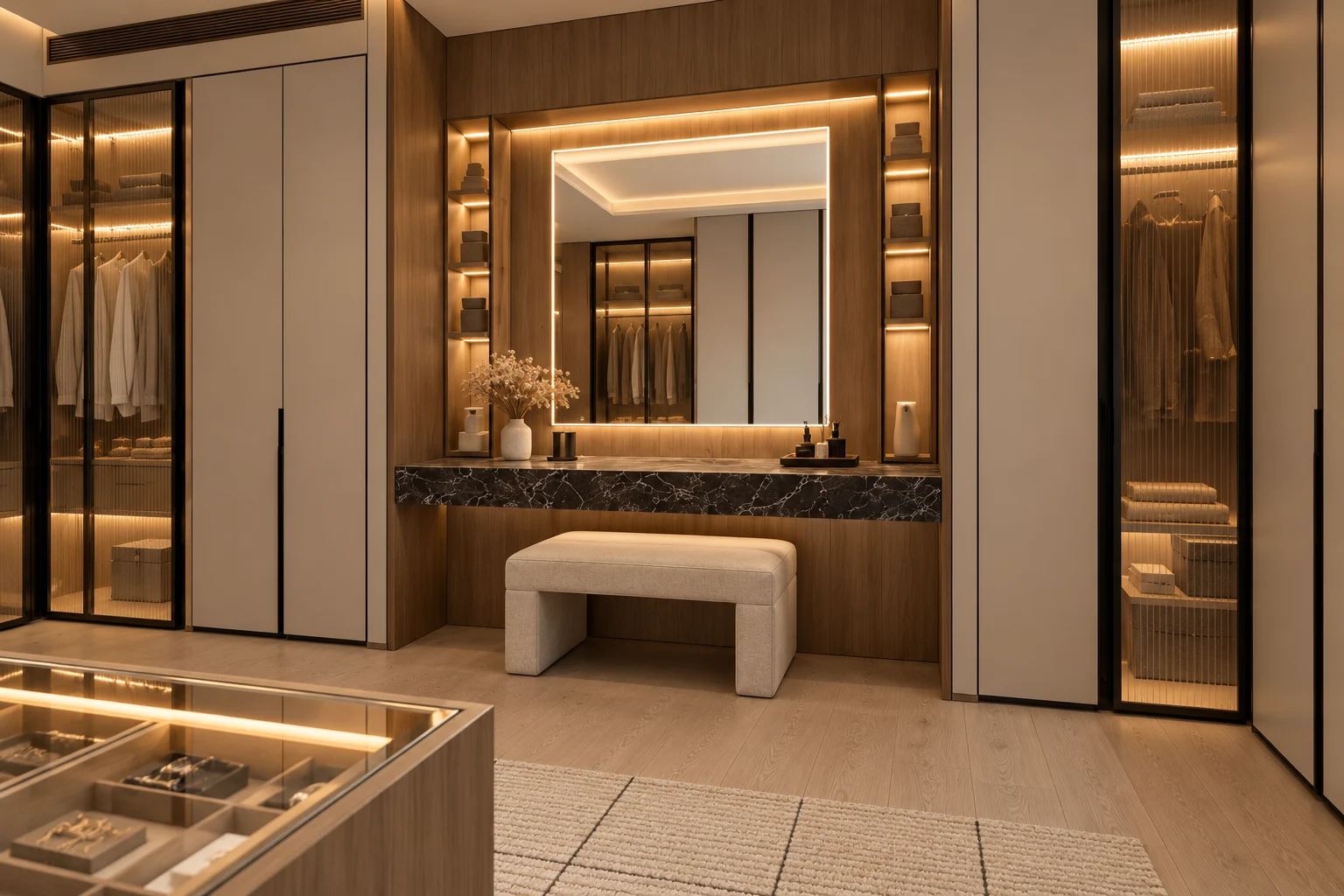 Dressing table with an illuminated mirror and upholstered bench
