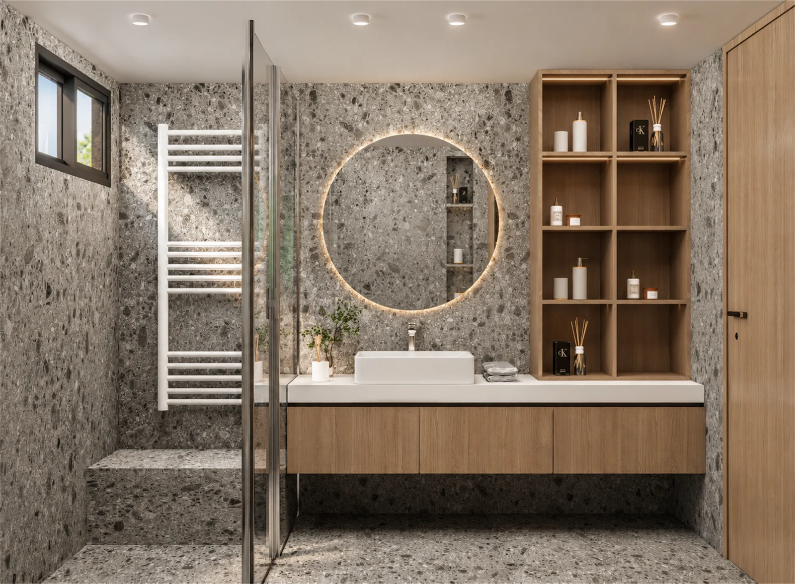 Floating vanity & backlit circular mirror