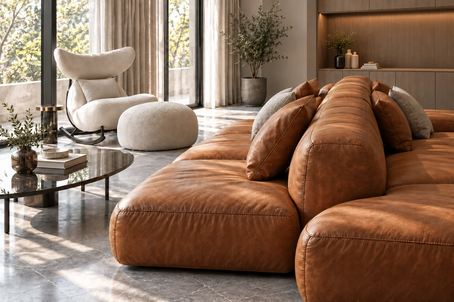 Option 1 — Double-sided sofa & window-side reading chair