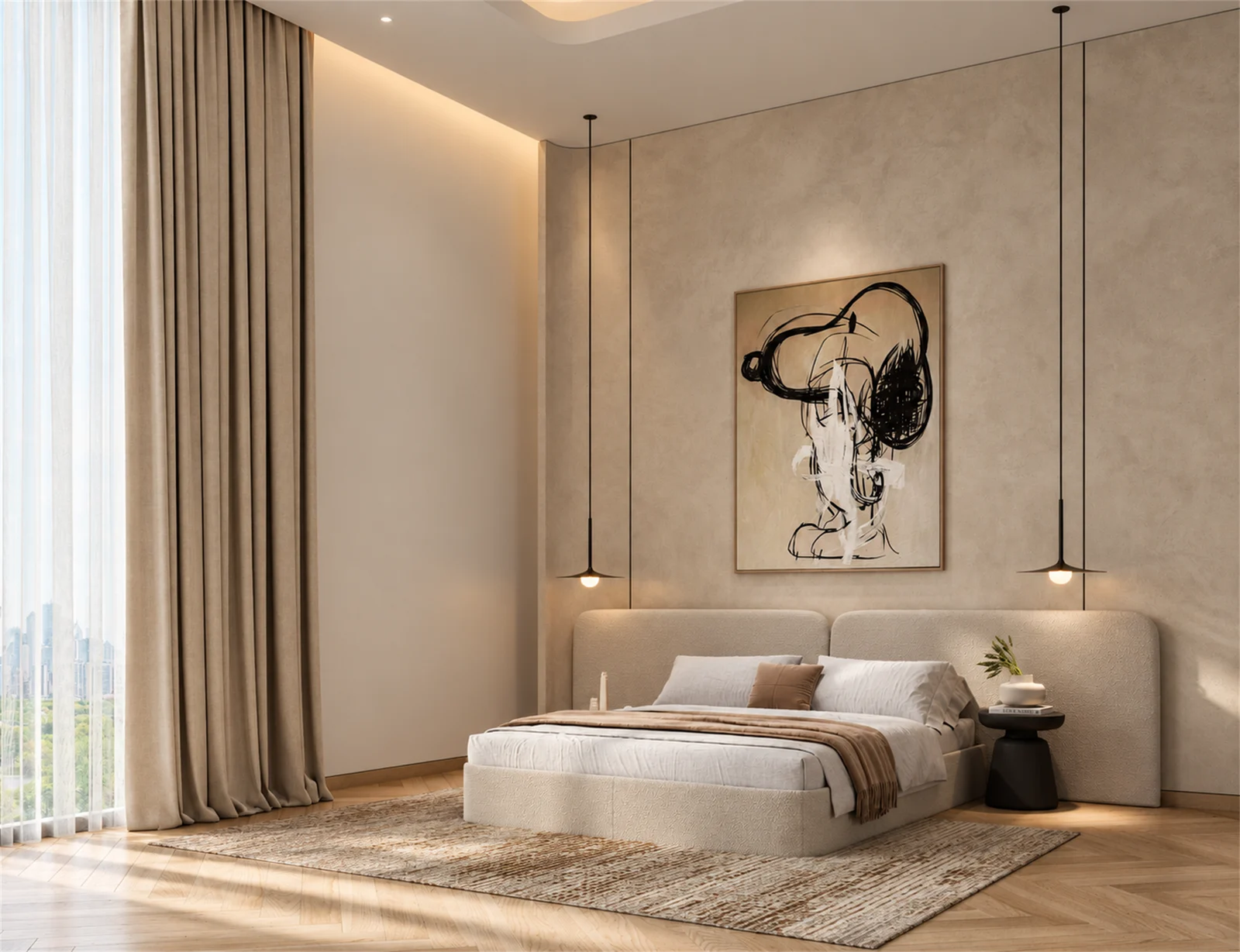 Sunlit bedroom with a pale upholstered headboard