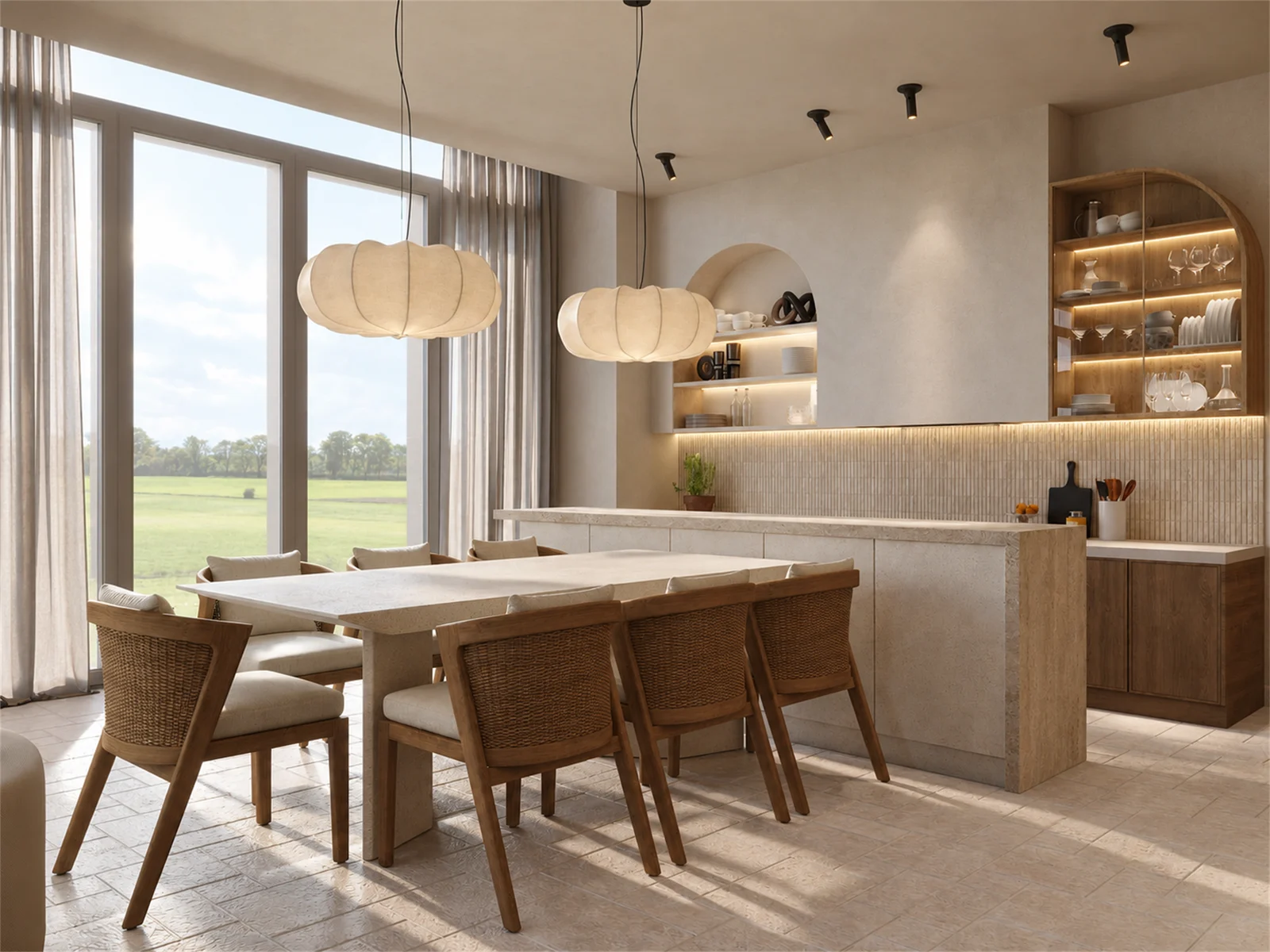 Dining area & illuminated serving shelves
