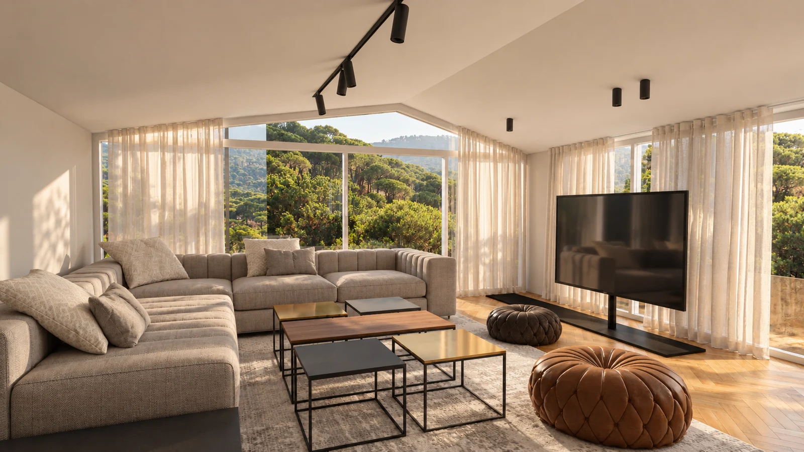Family lounge overlooking the pine-covered hills