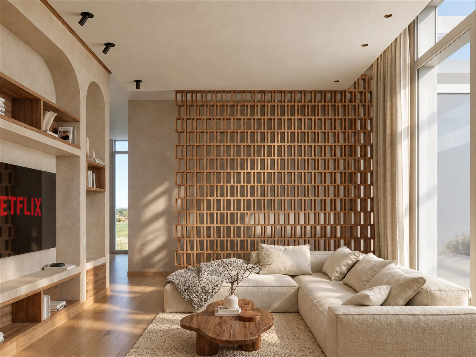 TV lounge with timber lattice screen