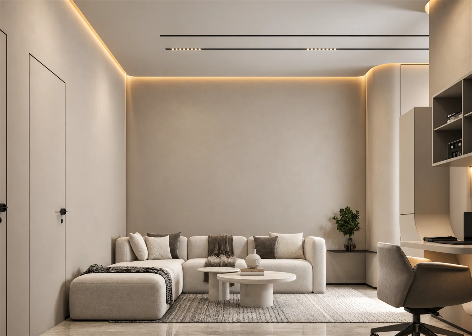 Study lounge with a soft neutral palette
