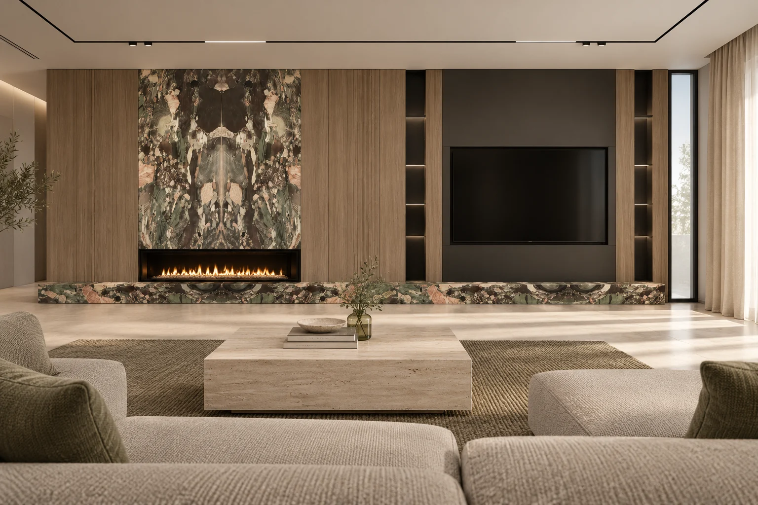 Statement stone fireplace & timber TV wall