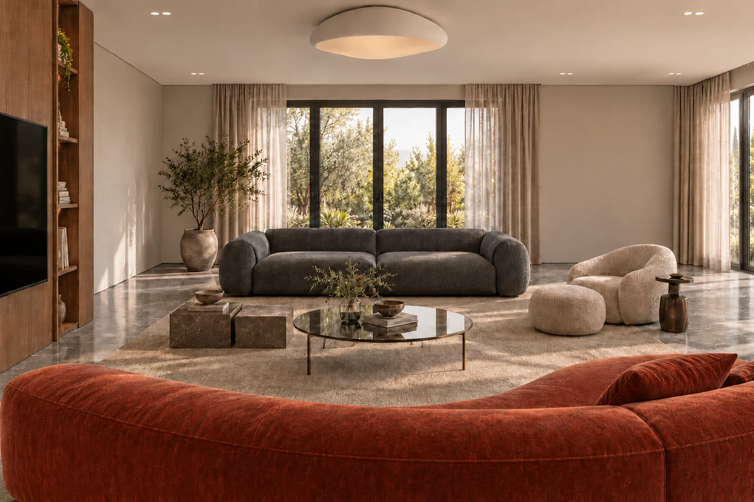 Option 2 — Charcoal seating & soft sculptural forms