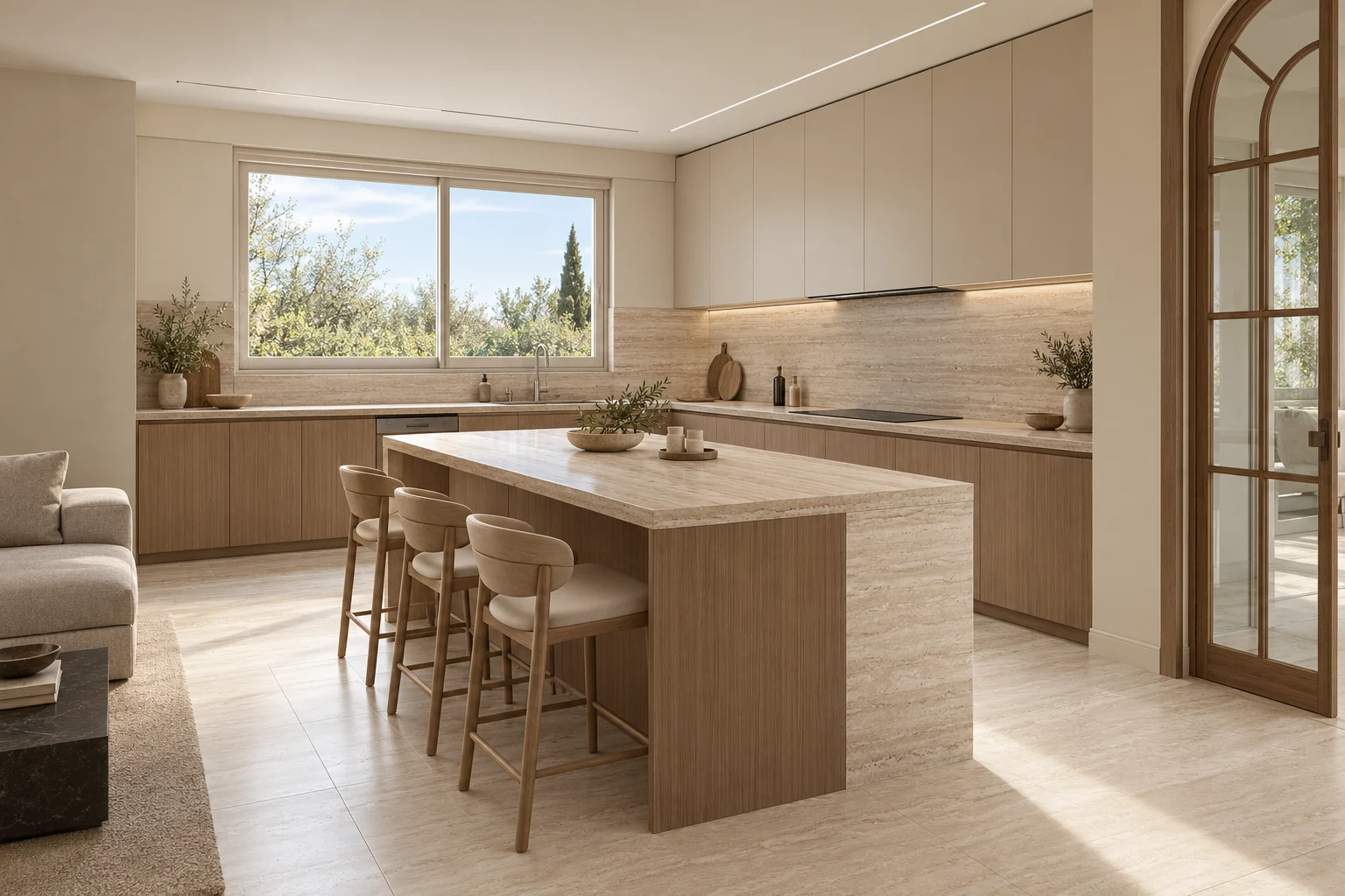 Kitchen with warm timber cabinetry & a central breakfast island