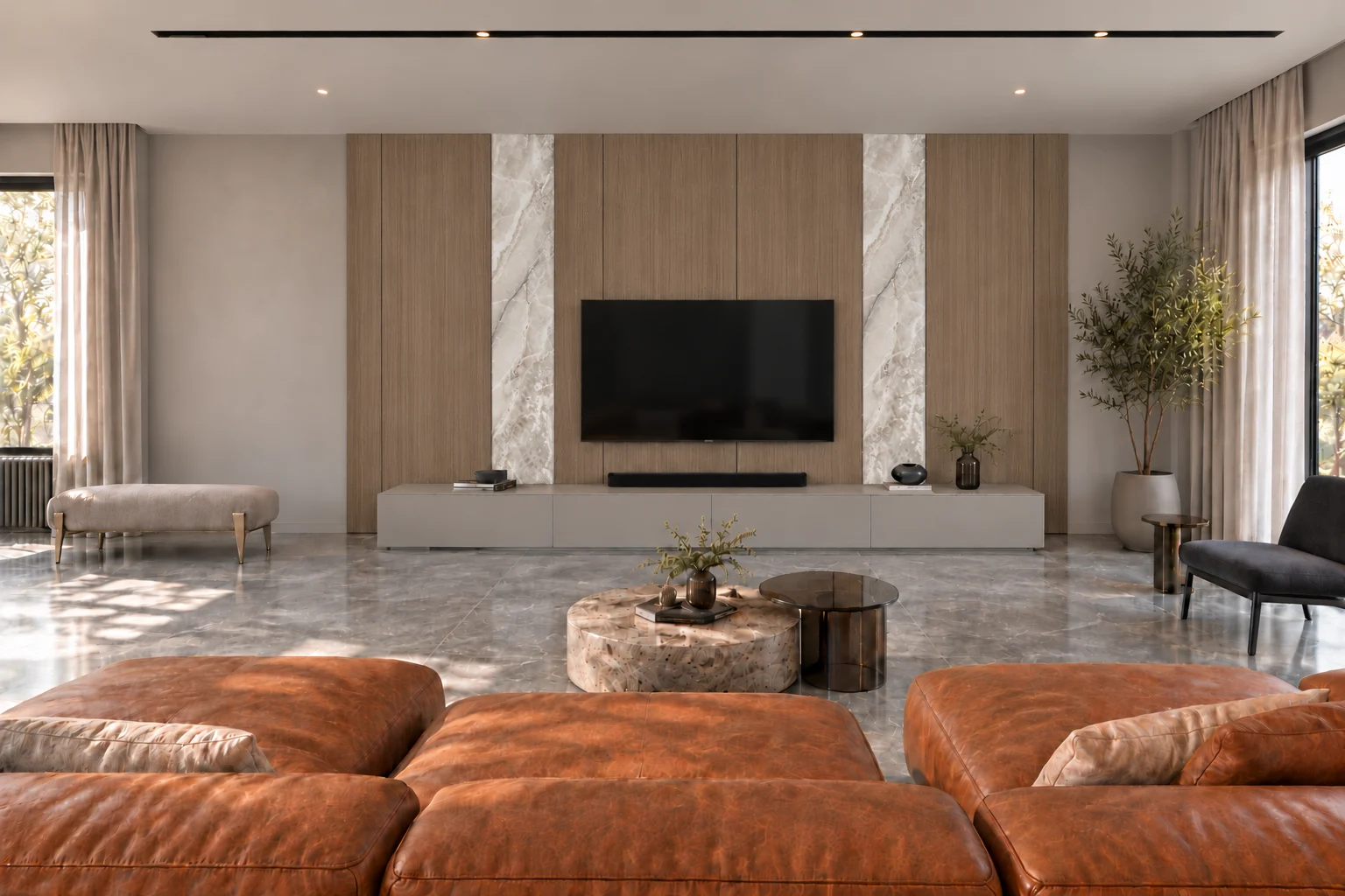 Option 1 — Timber TV wall with pale stone accents