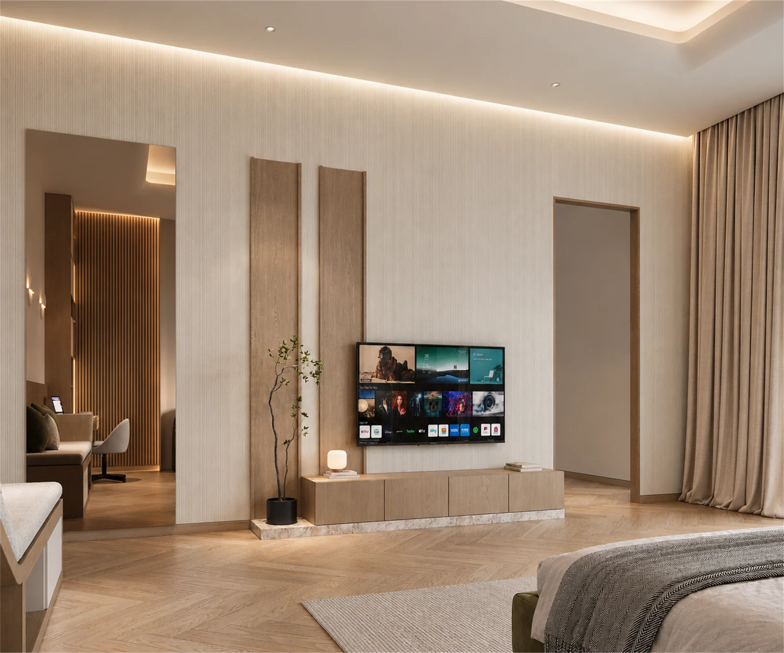 Bedroom TV wall with vertical timber accents