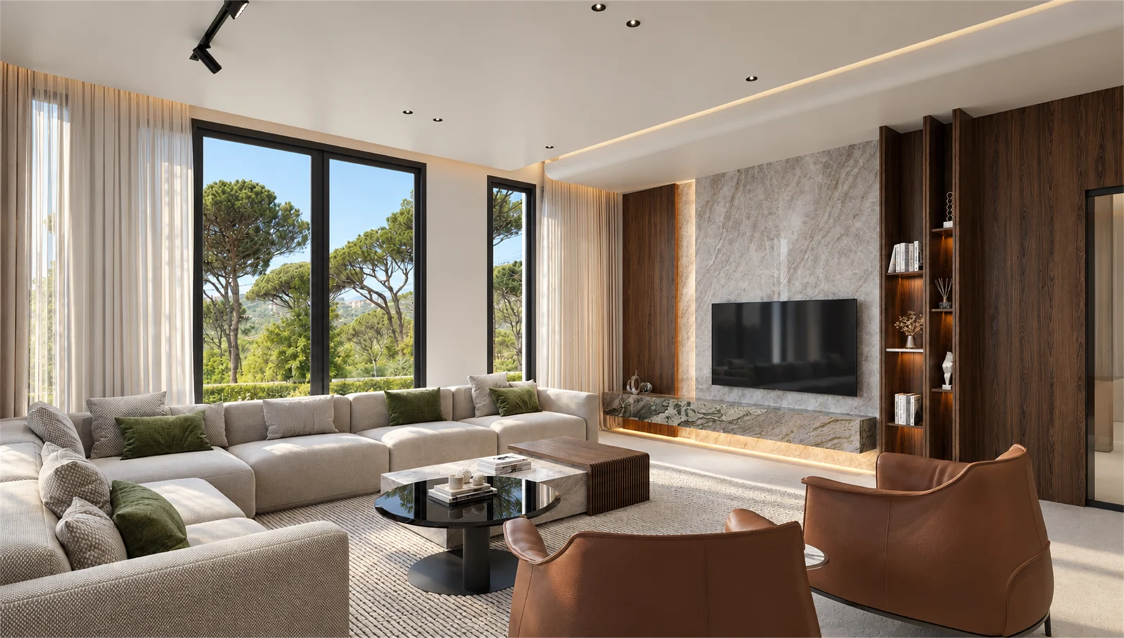 Living room seating facing a veined television wall and illuminated display shelves