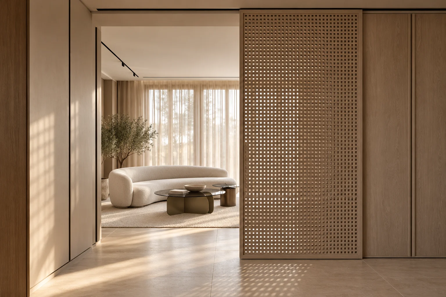 Timber lattice screen & framed lounge view