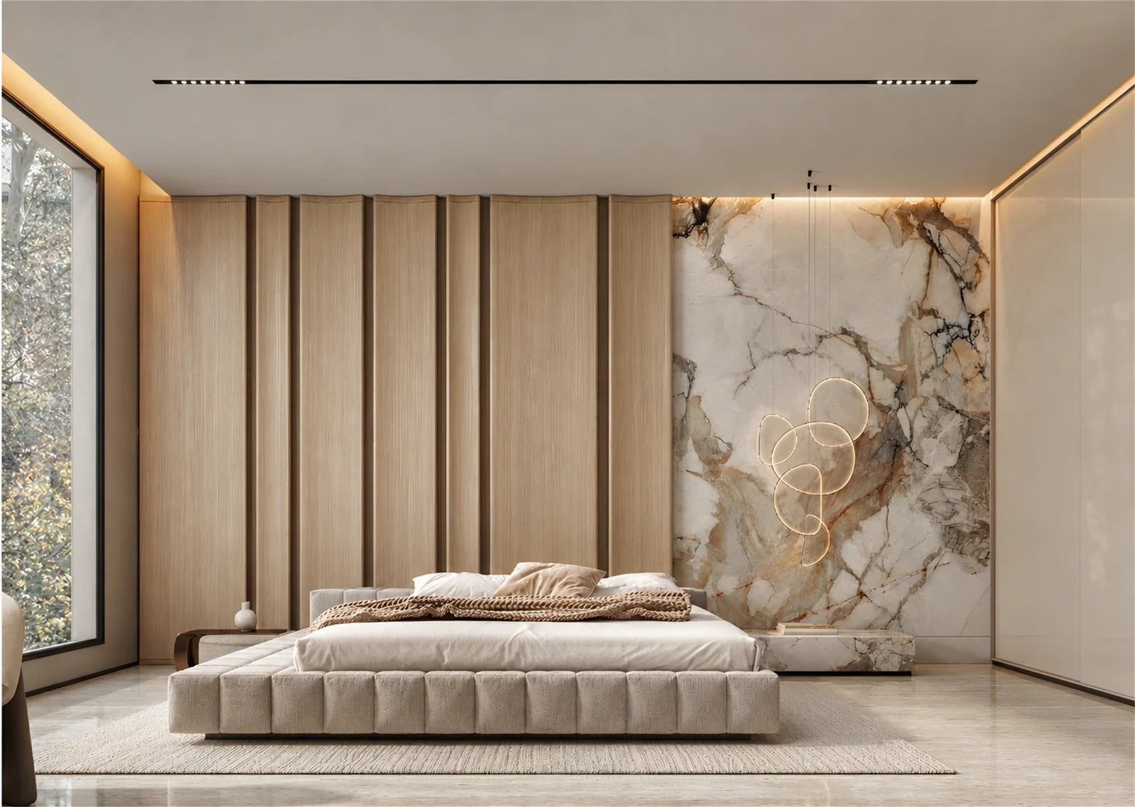 Bedroom with a statement stone headboard wall