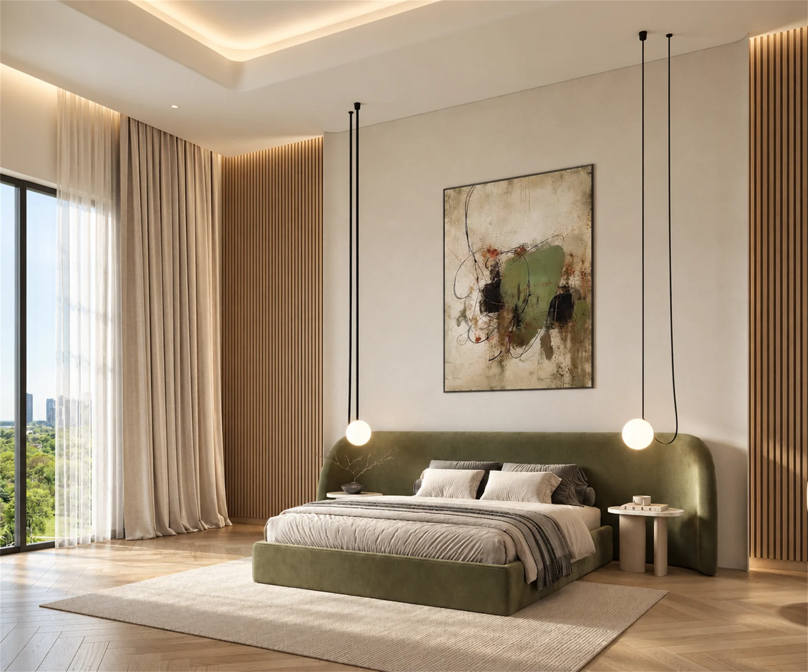 Olive bedroom with full-height curtains & warm concealed lighting
