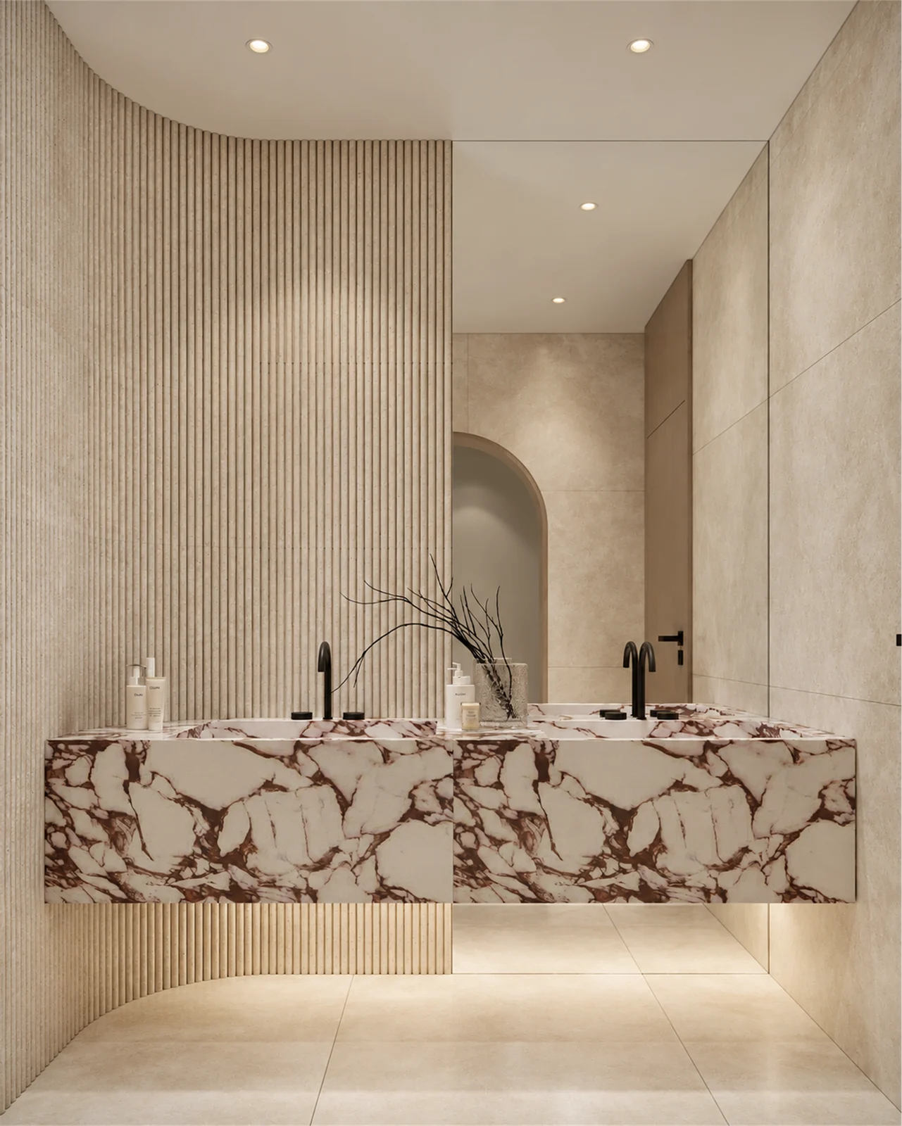 Majlis washroom with a red-veined floating vanity