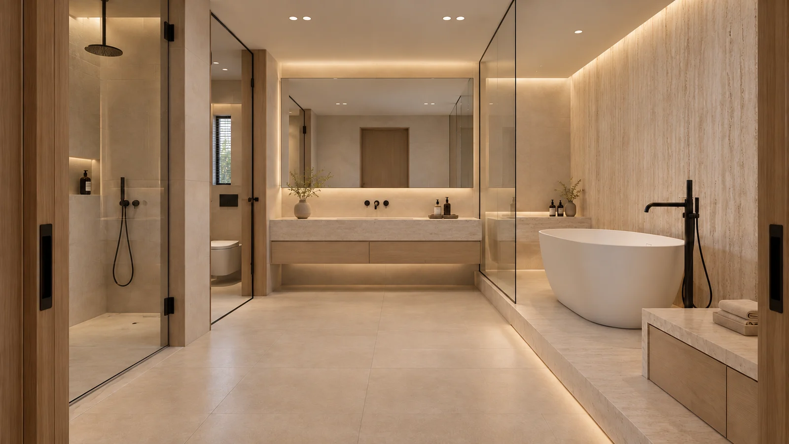 Main bathroom with a glazed shower, floating vanity and freestanding bathtub
