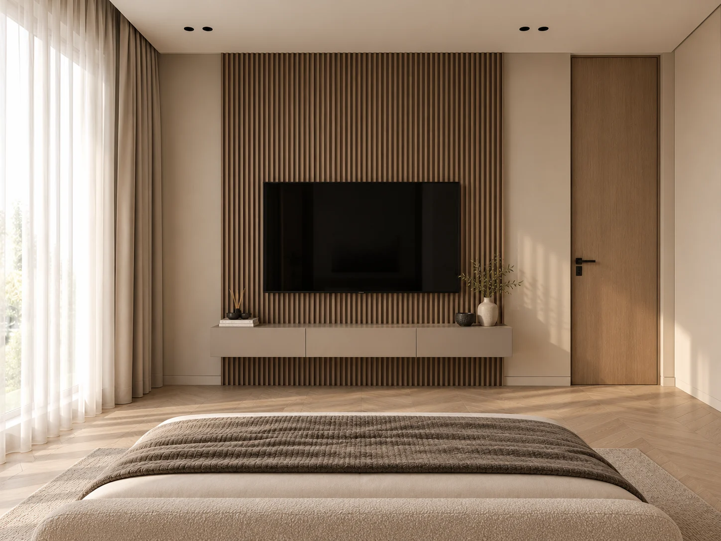 Main bedroom TV wall with timber slats & a floating console