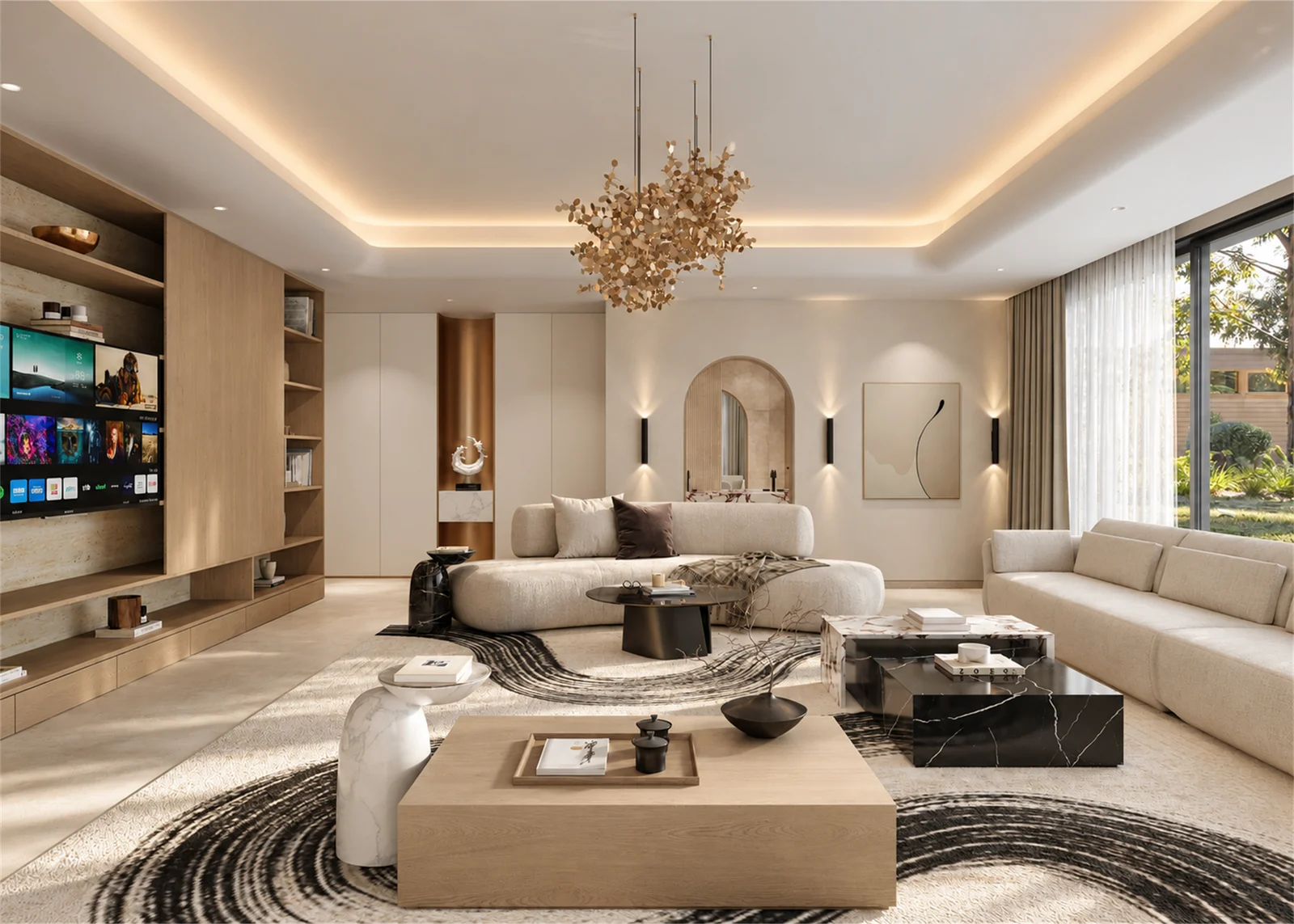 Majlis seating facing an arched doorway & decorative mirrors