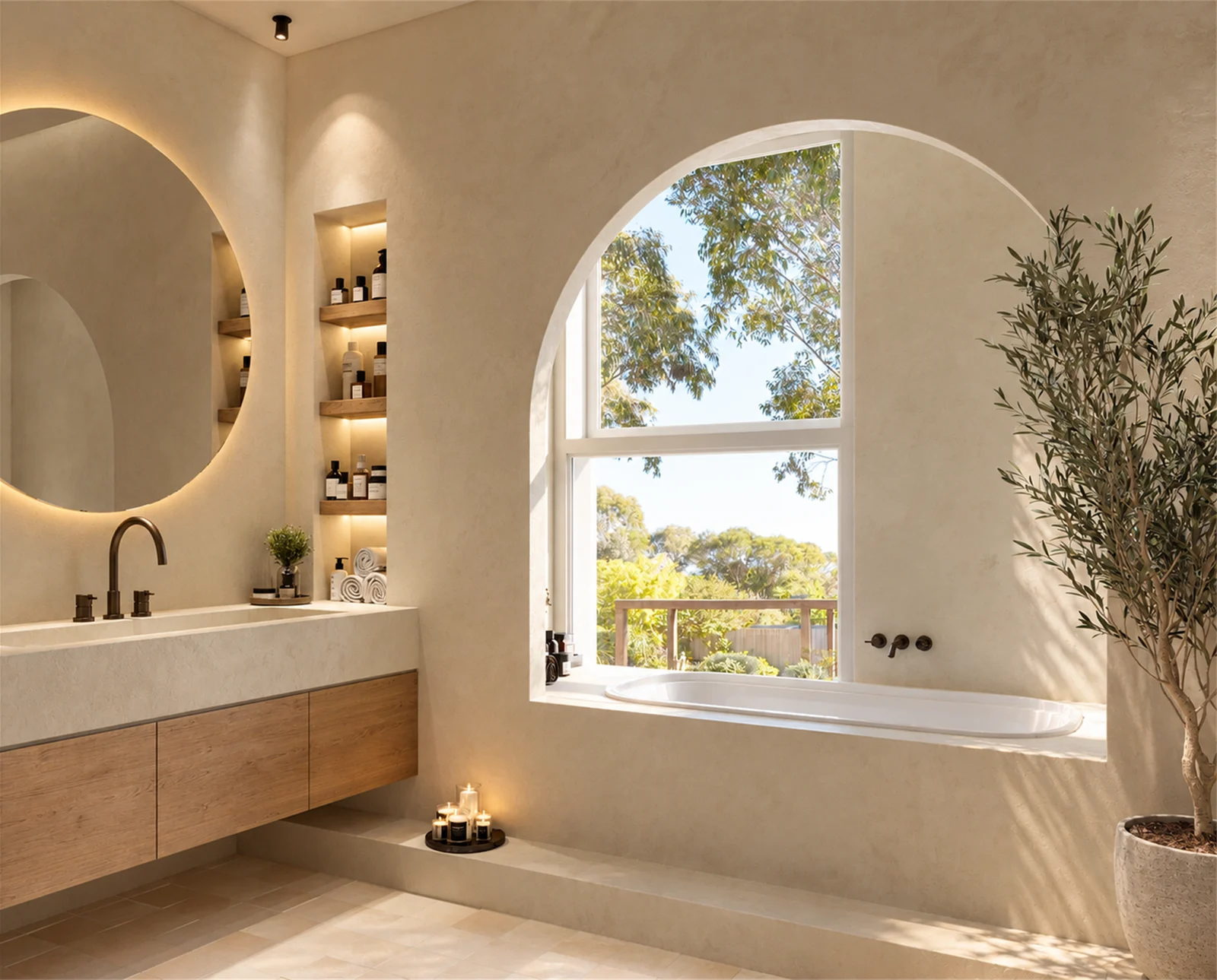 Main bathroom with arched bath alcove