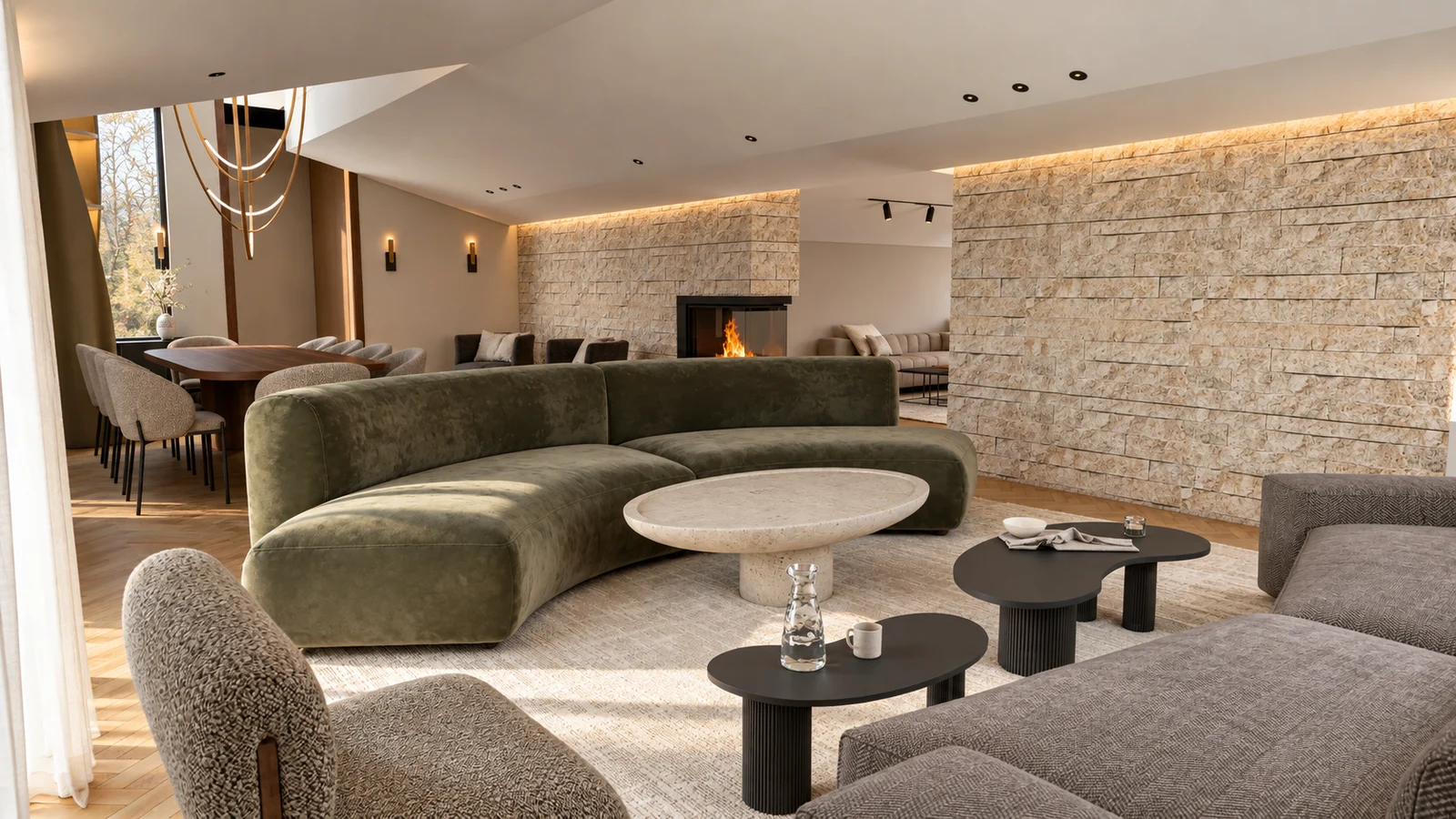 Curved olive sofa & stone fireplace