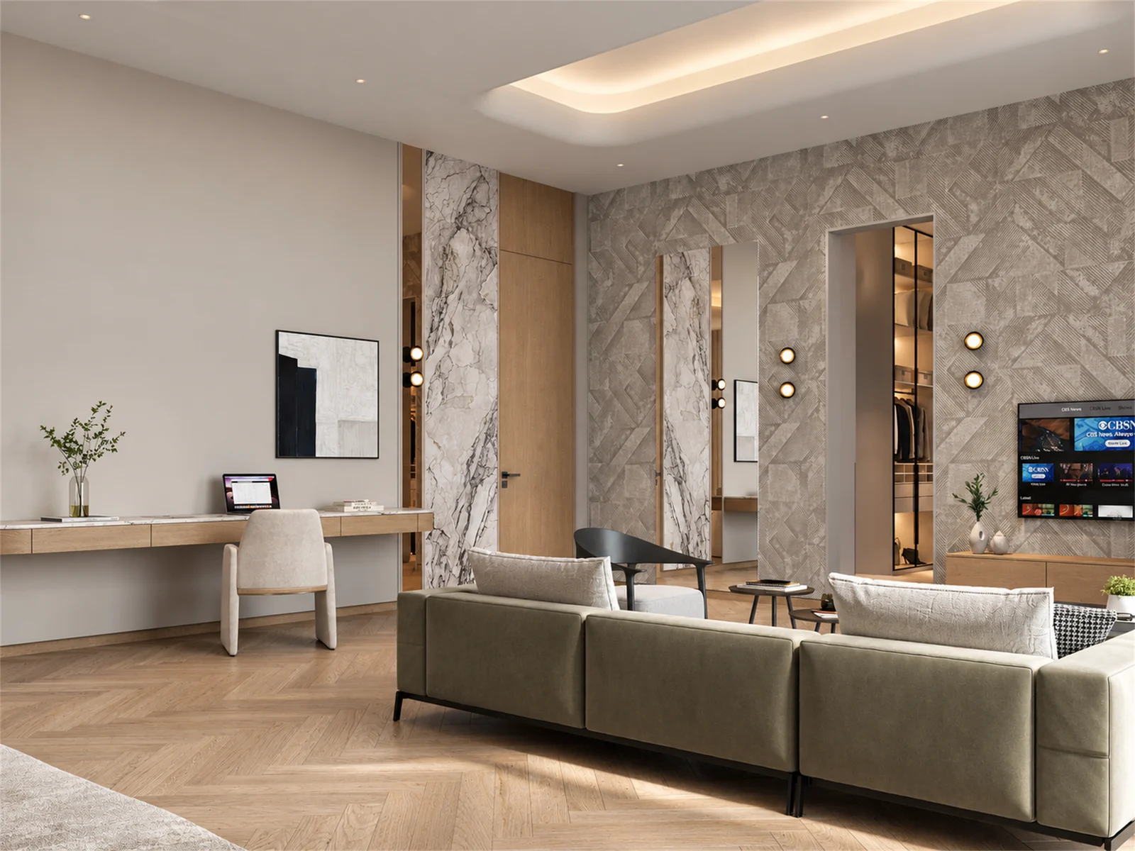 Main suite desk & seating with mirrored wall accents
