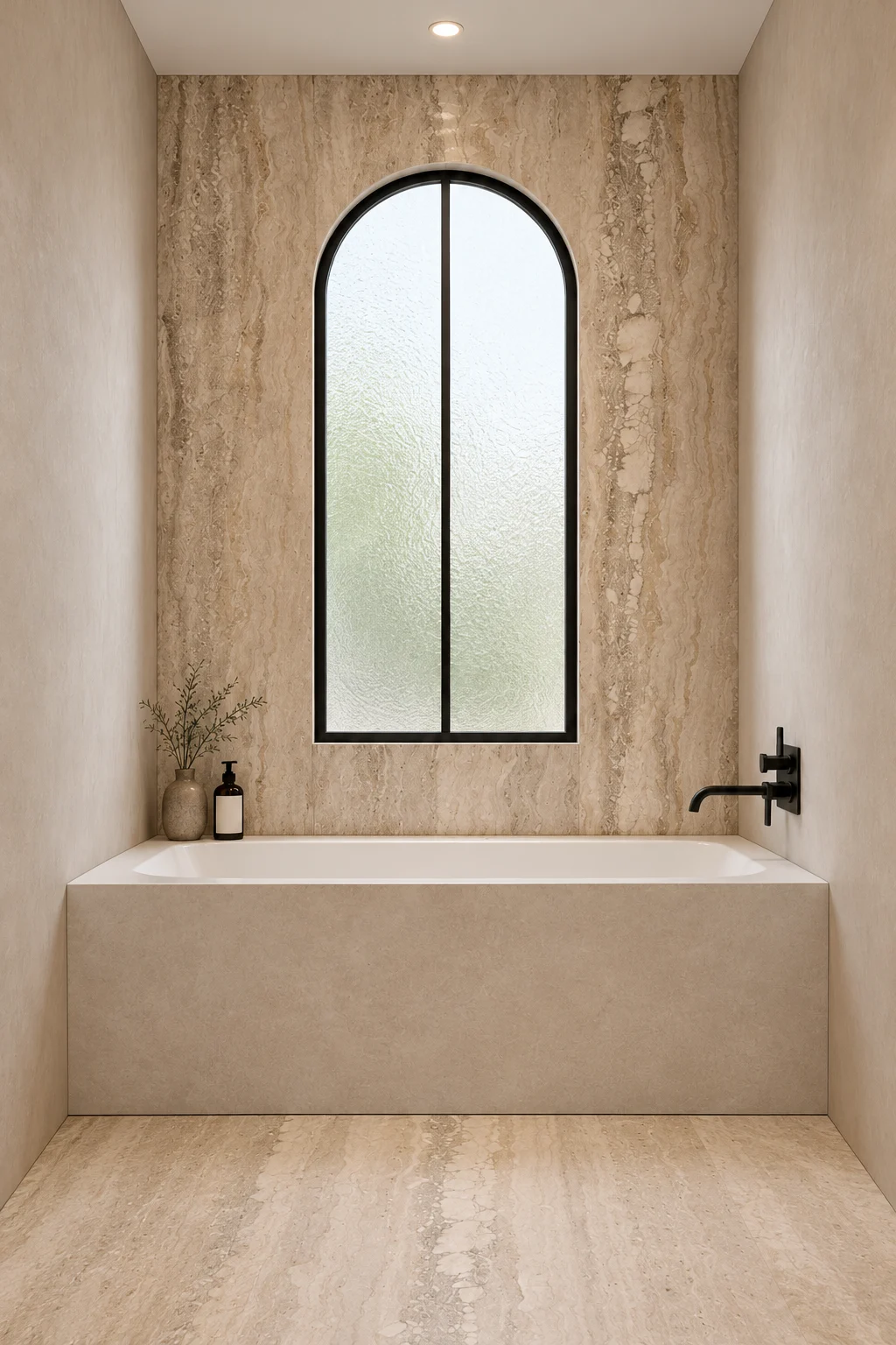Bath beneath an arched window & a veined stone-effect wall