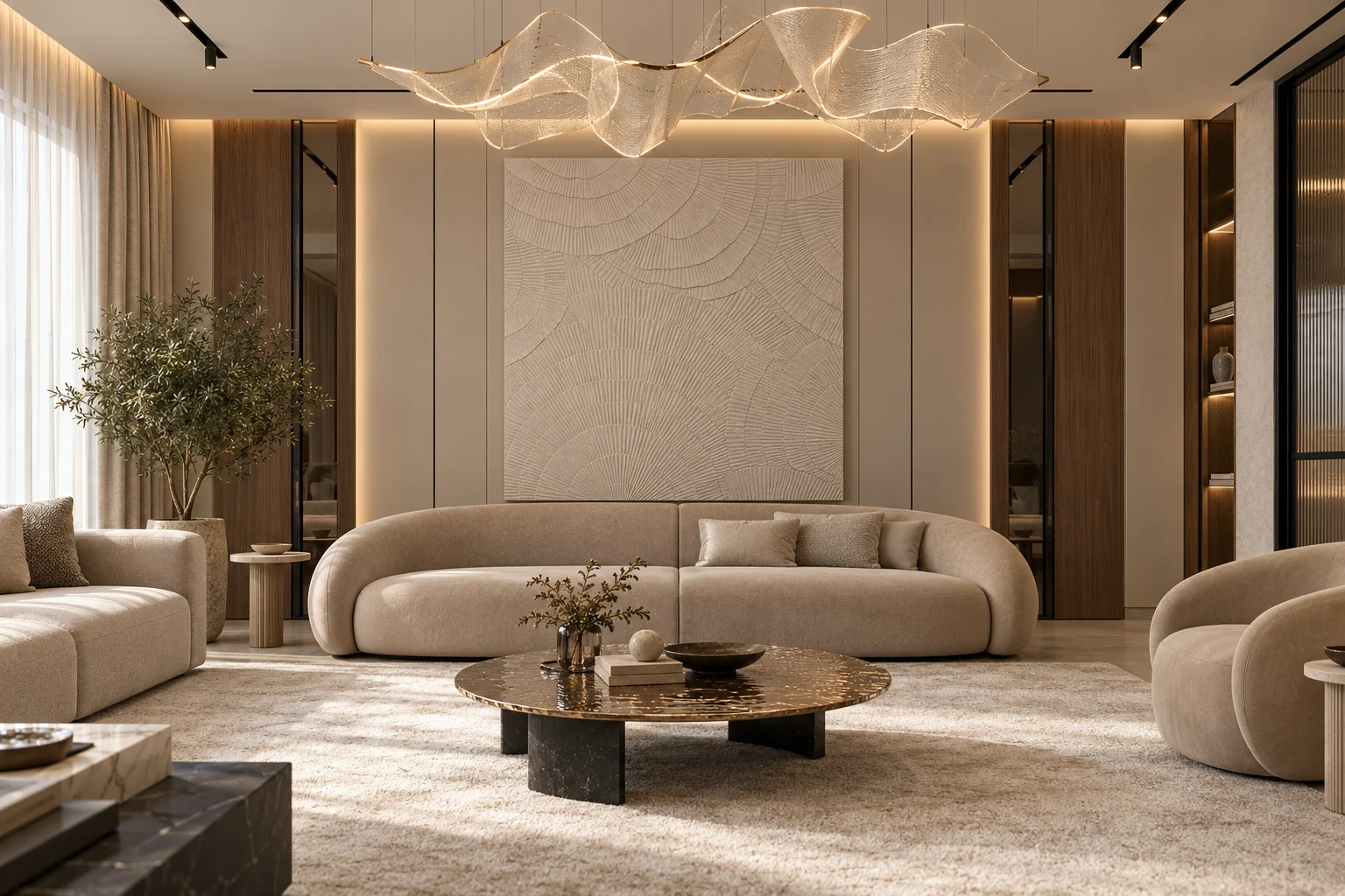 Main living room with curved sofas, textured wall art and a flowing sculptural chandelier