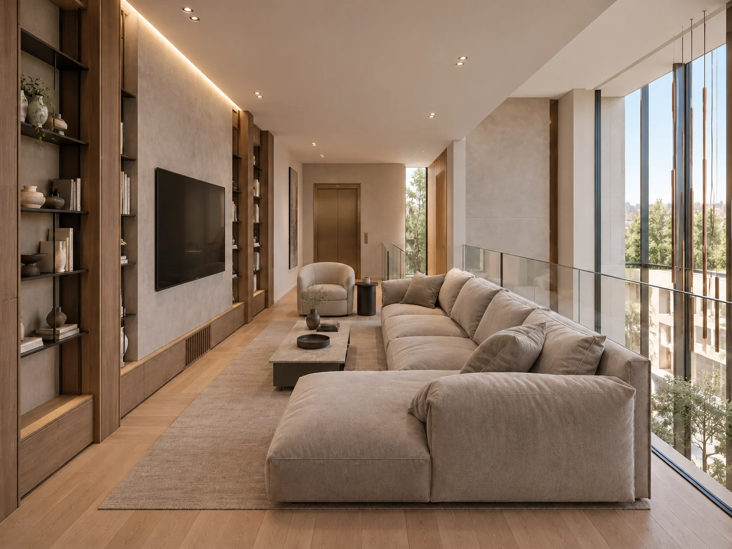 Family lounge with a generous sectional sofa beside the glazed balustrade