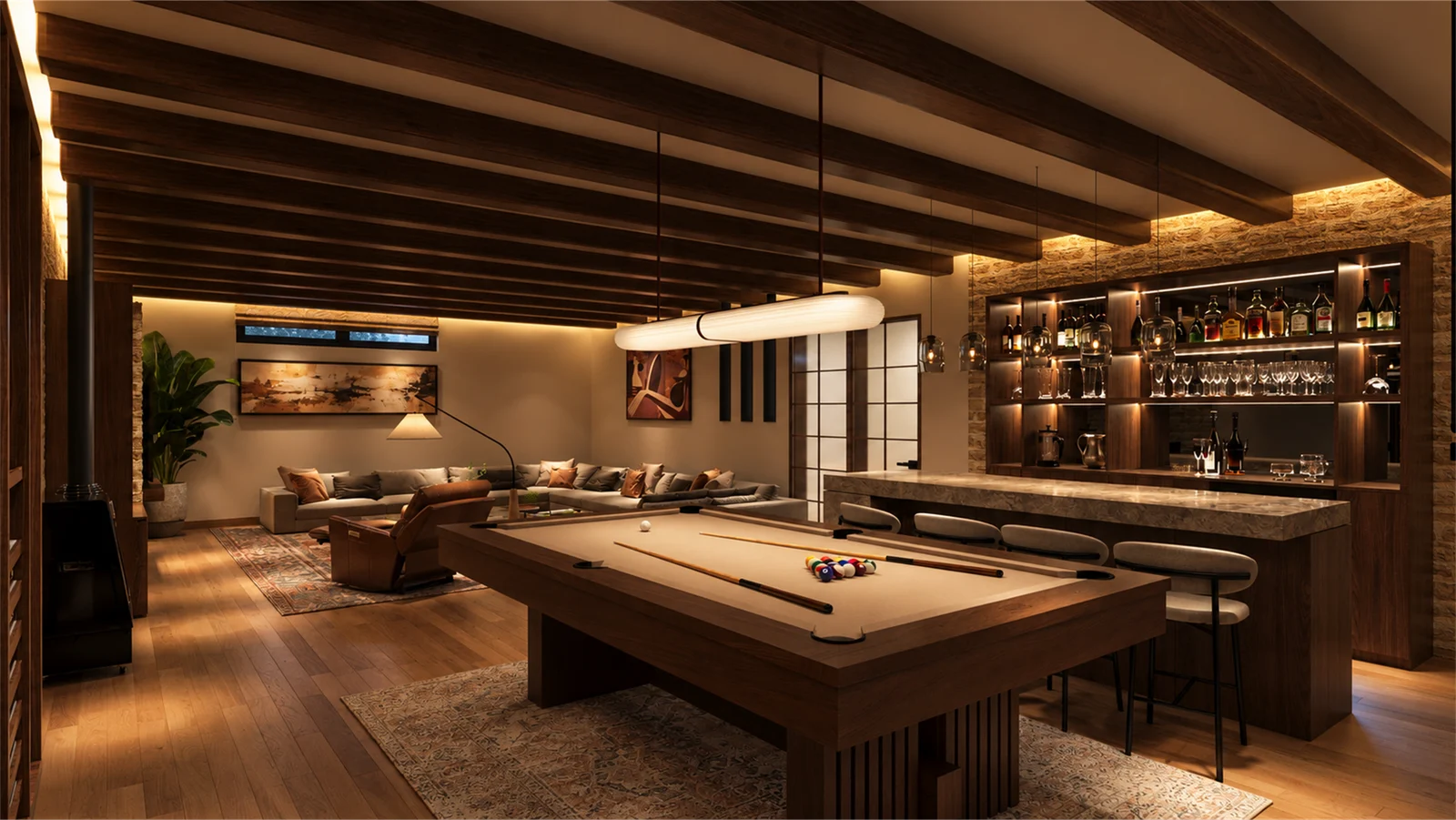 Basement entertainment space with a pool table, illuminated bar and timber ceiling beams