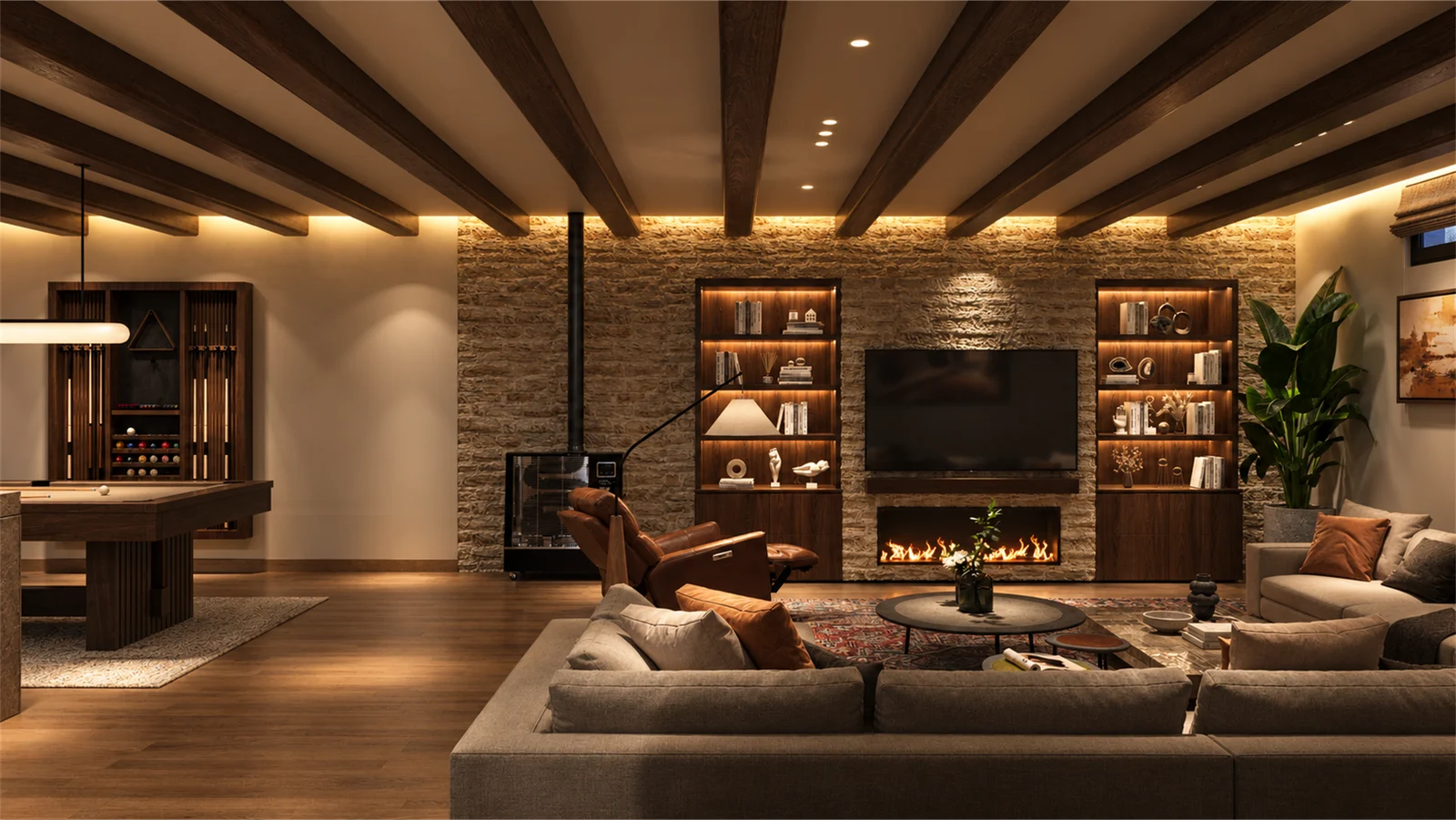 Basement television and fireplace wall framed by timber display cabinetry