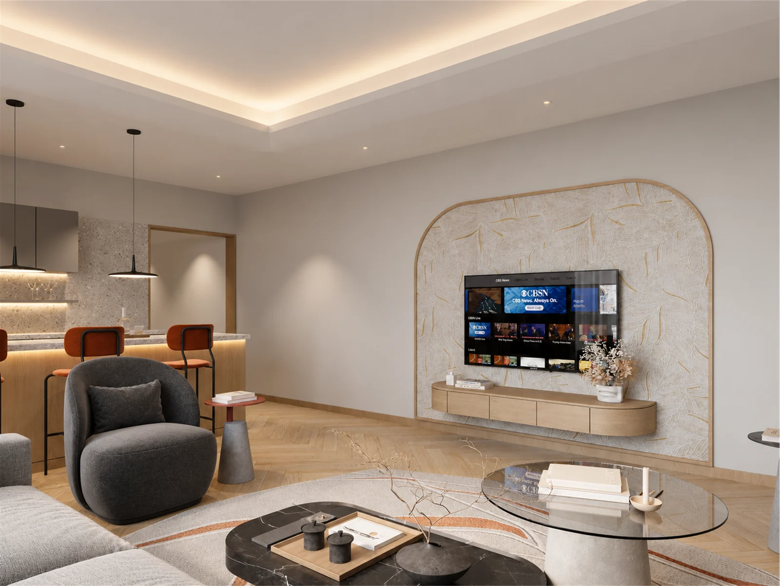 Upper-floor lounge TV wall with a rounded decorative surround