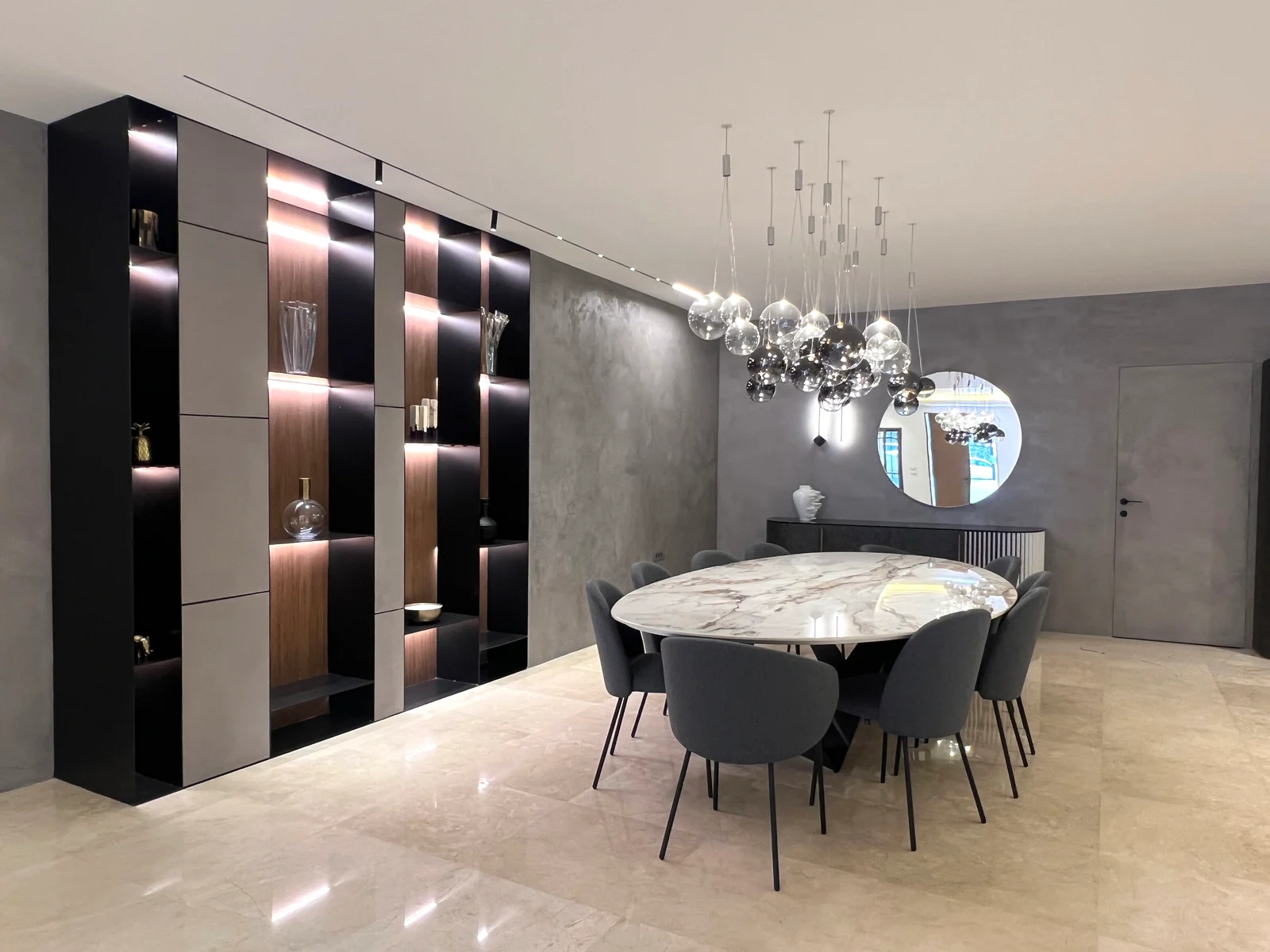 Dining room & illuminated display shelves