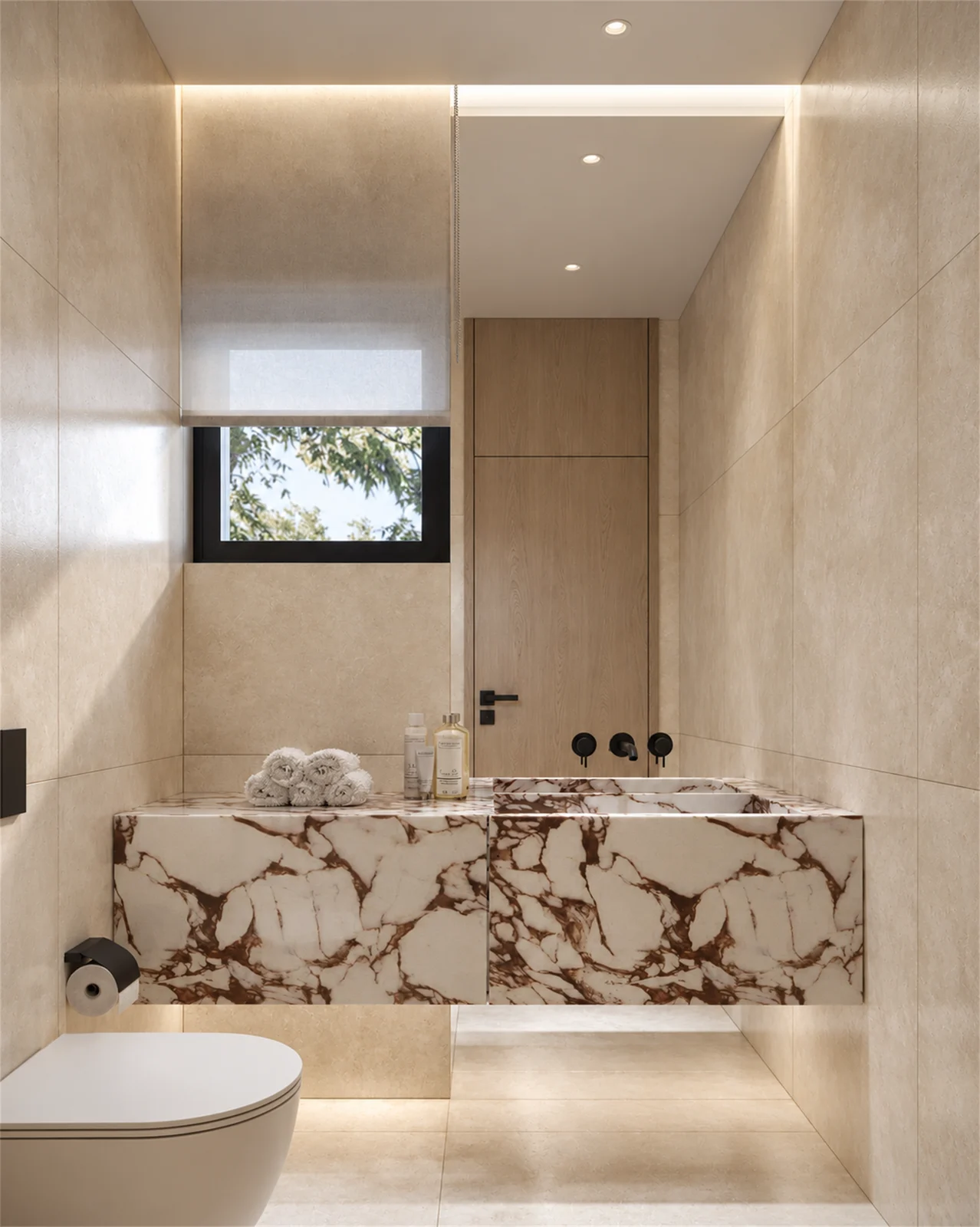 Majlis washroom mirror & twin stone-patterned basins