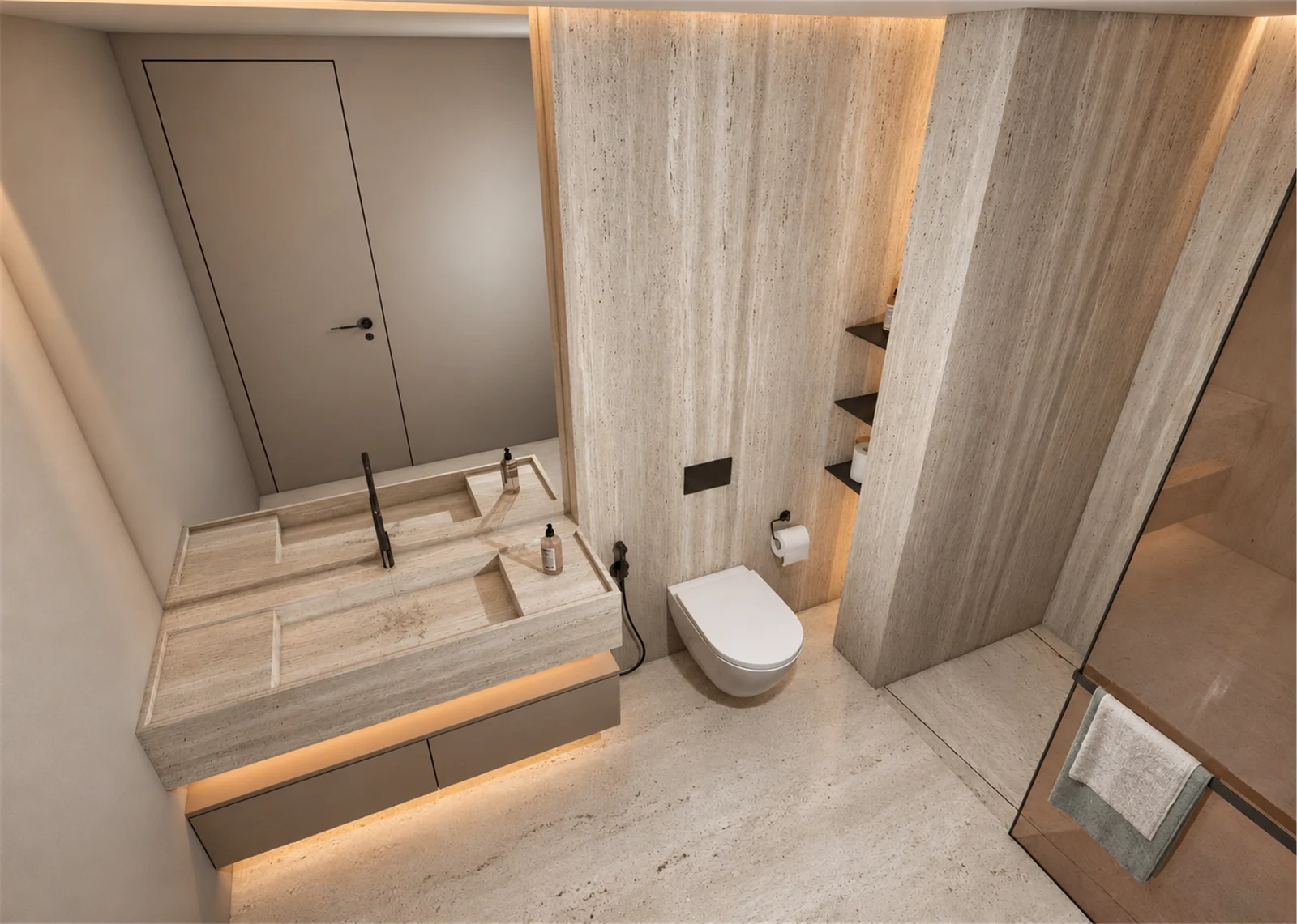 Overhead view of the bathroom layout
