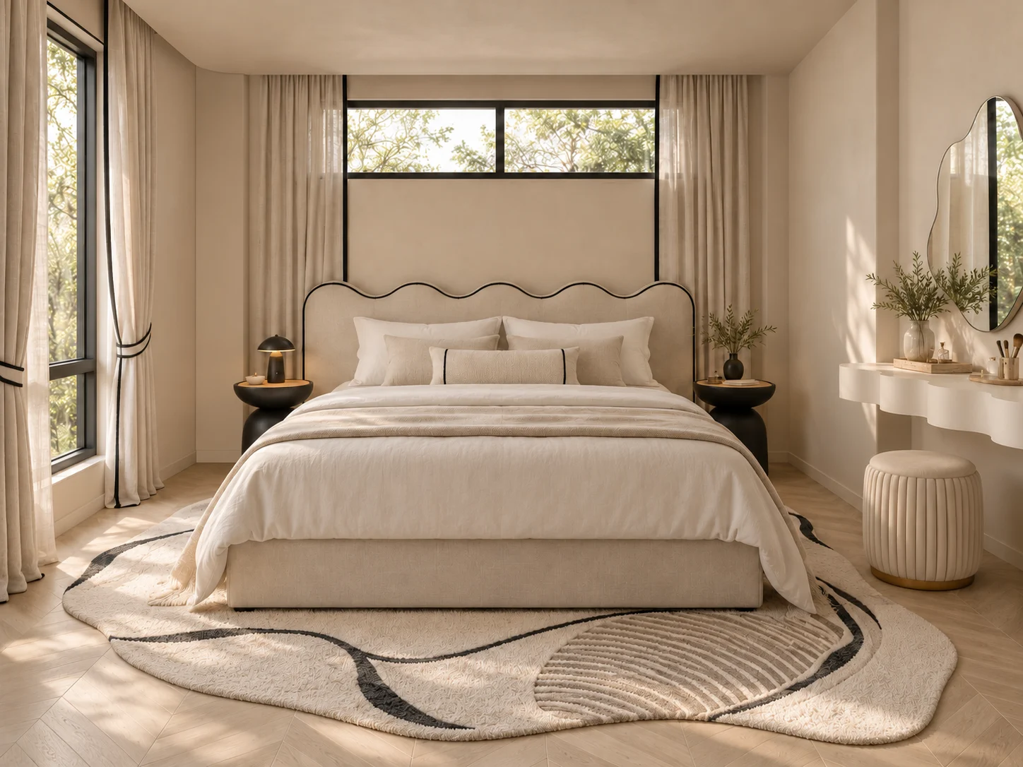 Bedroom with a scalloped headboard & sculptural bedside tables