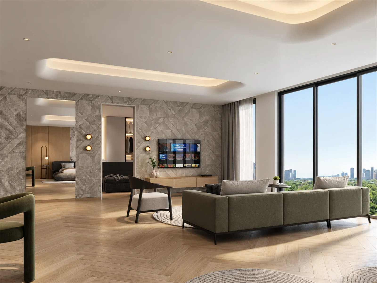 Main suite lounge facing the patterned TV feature wall