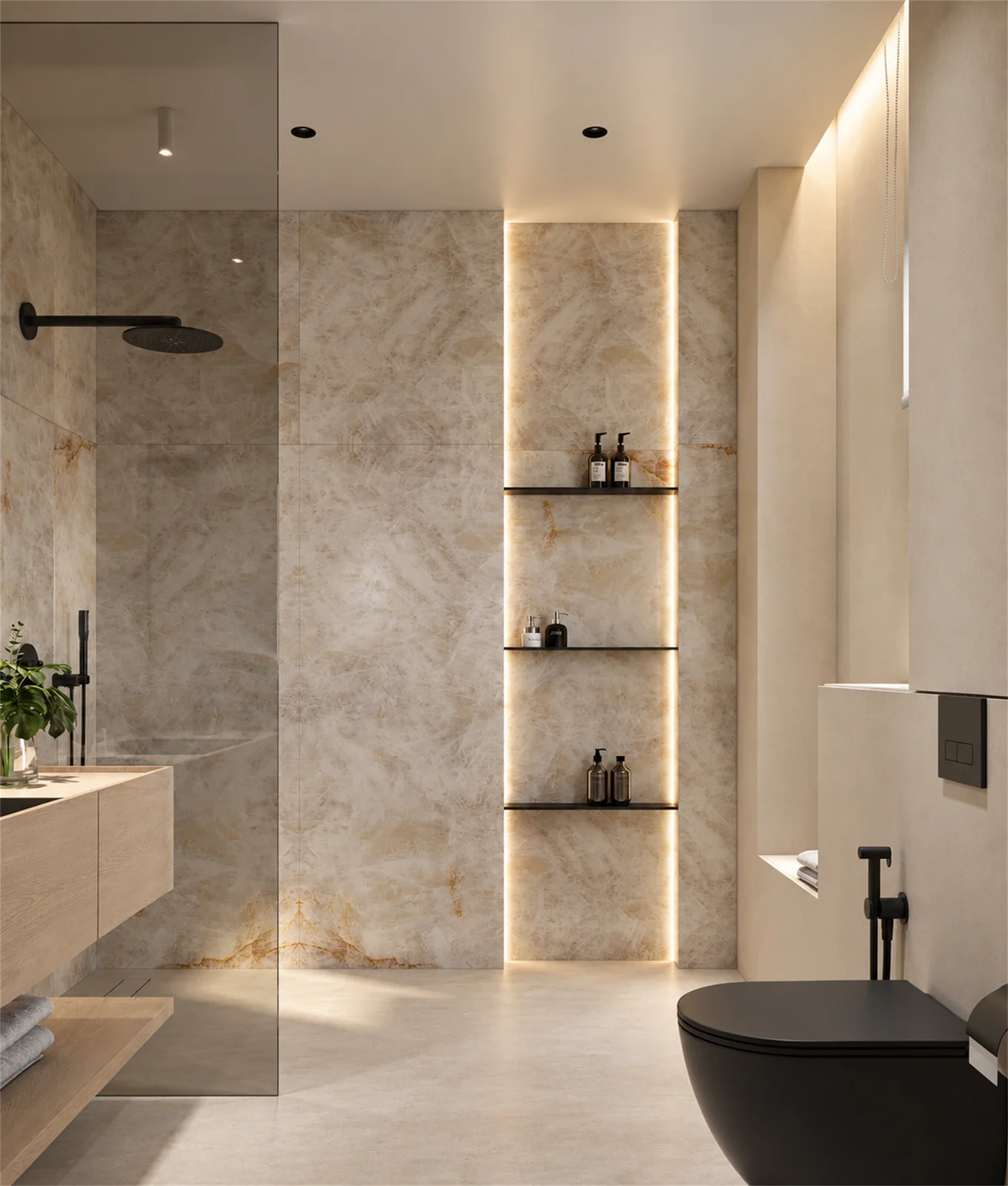 Glazed shower & softly illuminated bathroom display niches