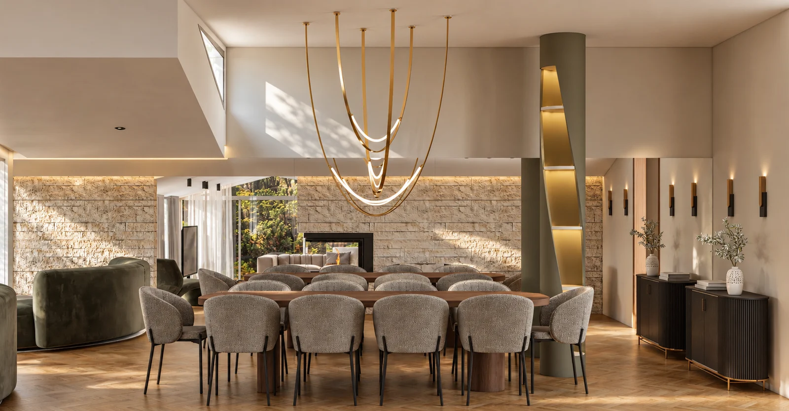 Dining area & sculptural pendant lighting
