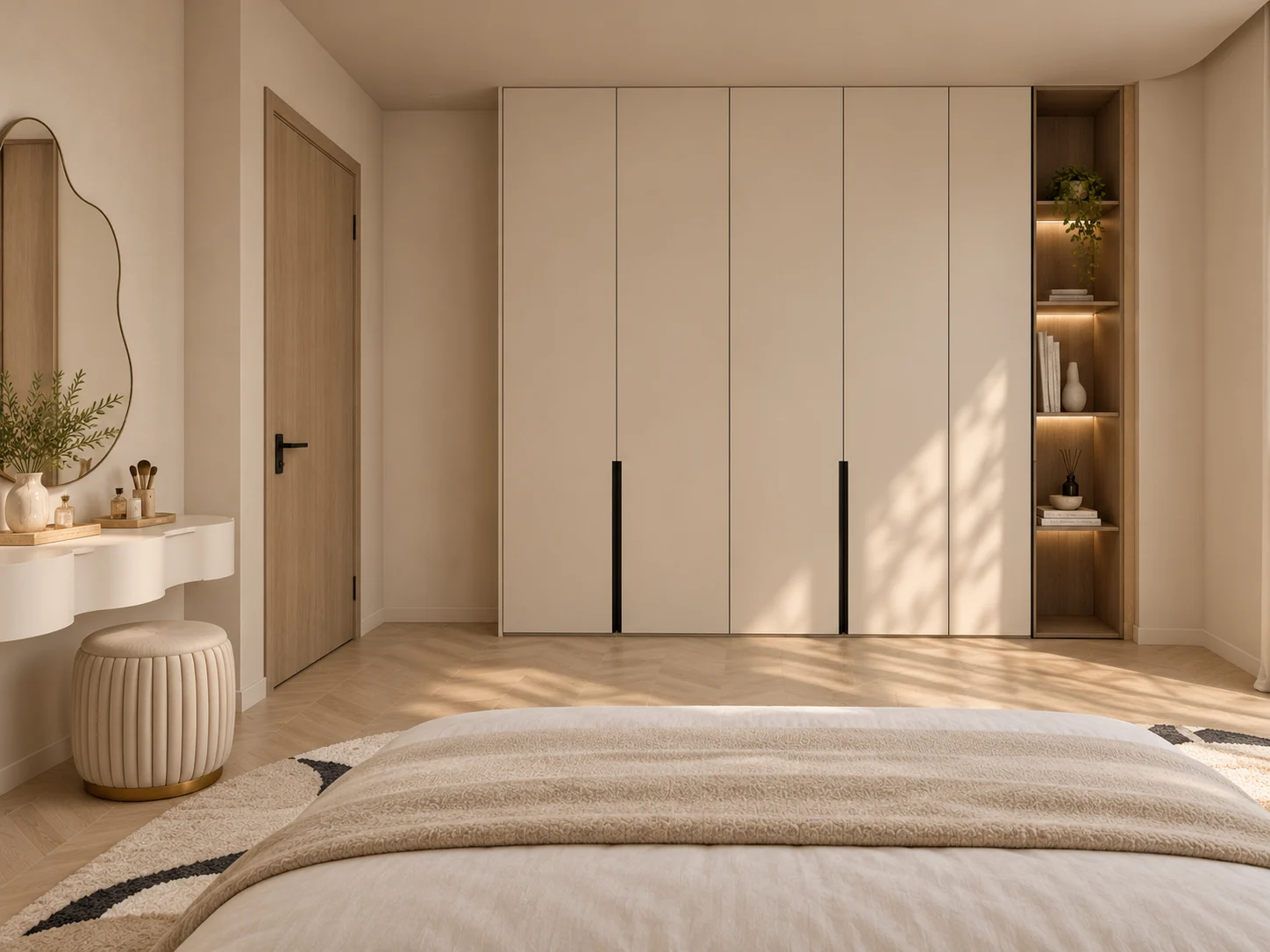 Full-height wardrobes & a dressing table with an organic mirror