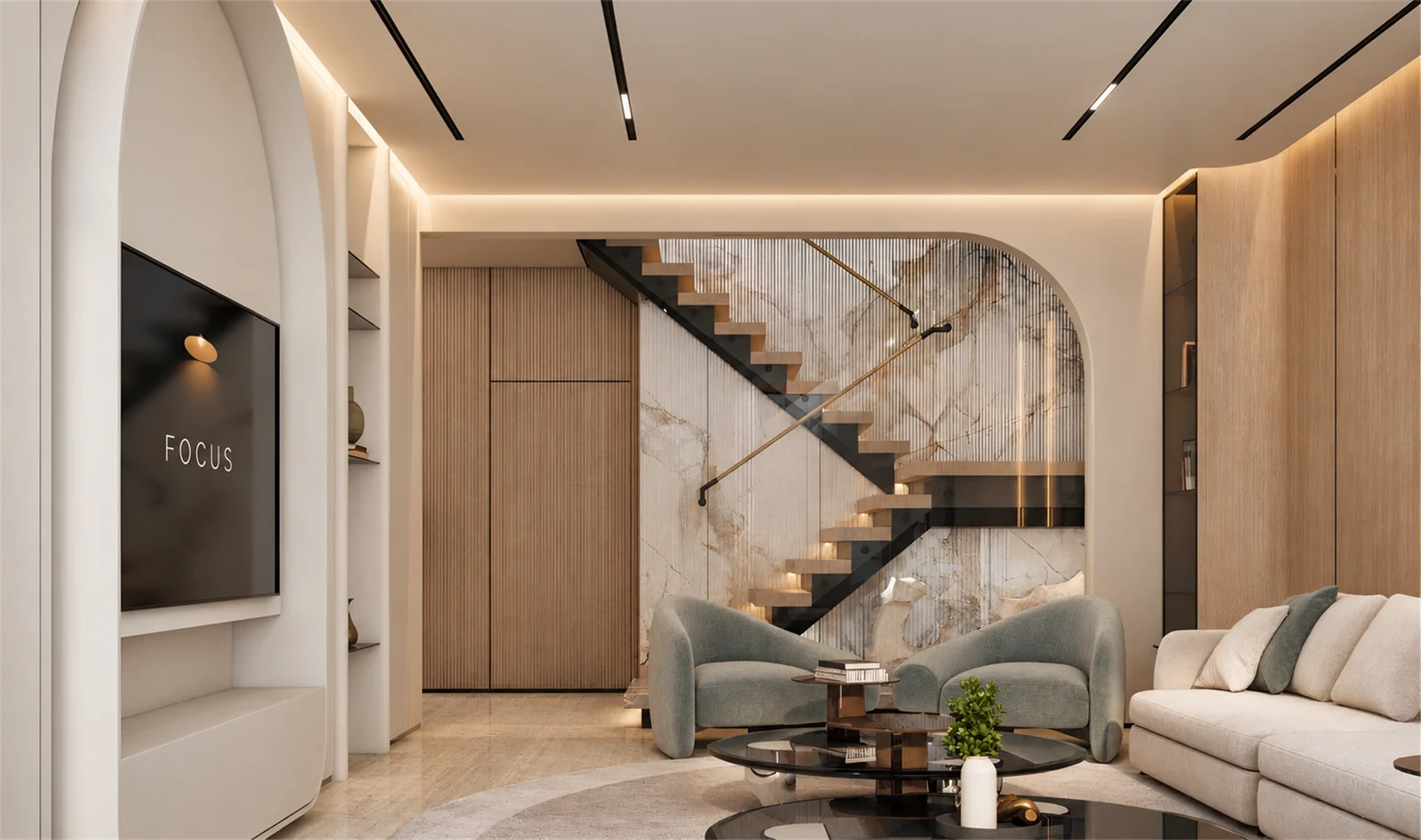 Staircase framed by an arched stone feature