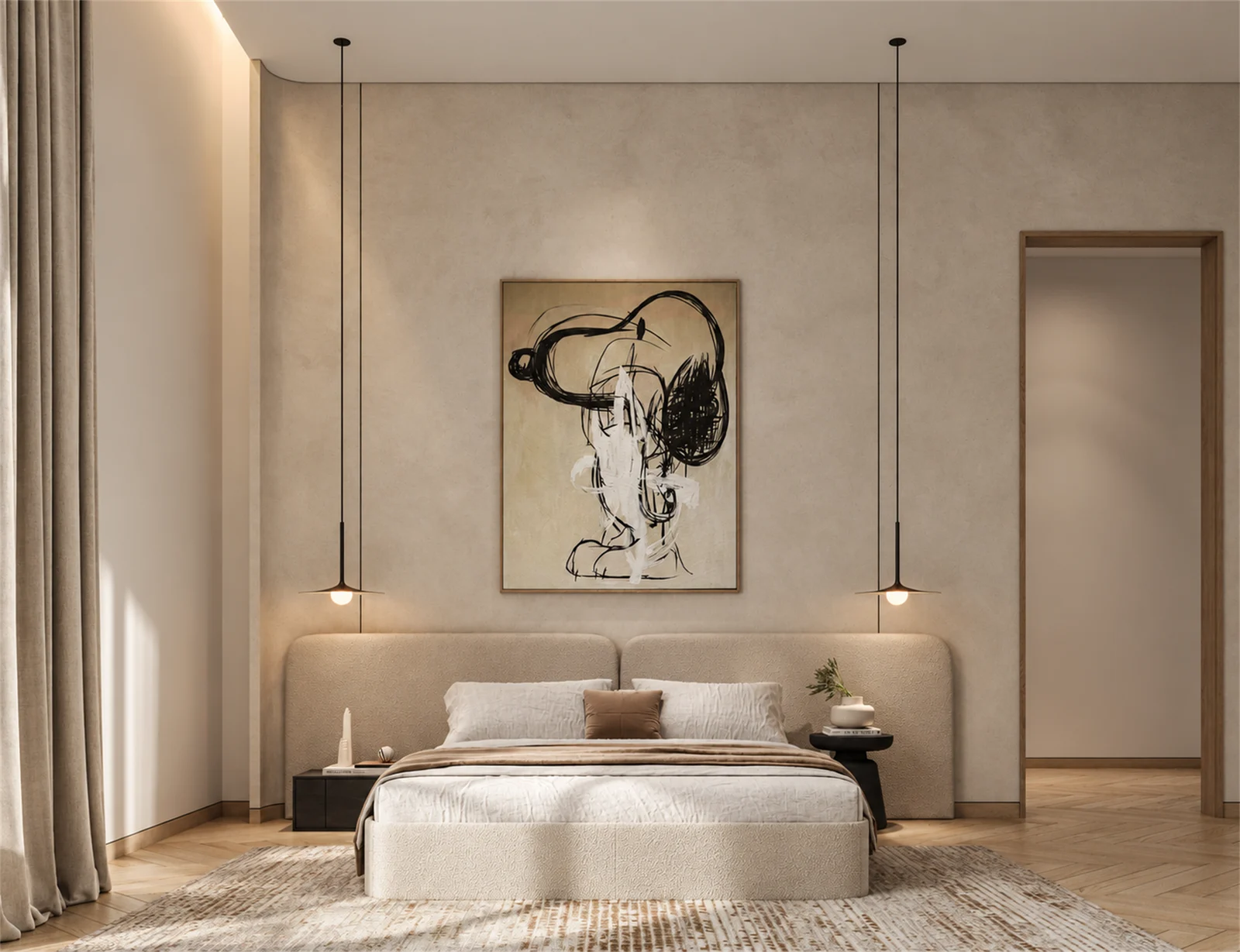 Neutral bedroom with abstract artwork & slim bedside pendants