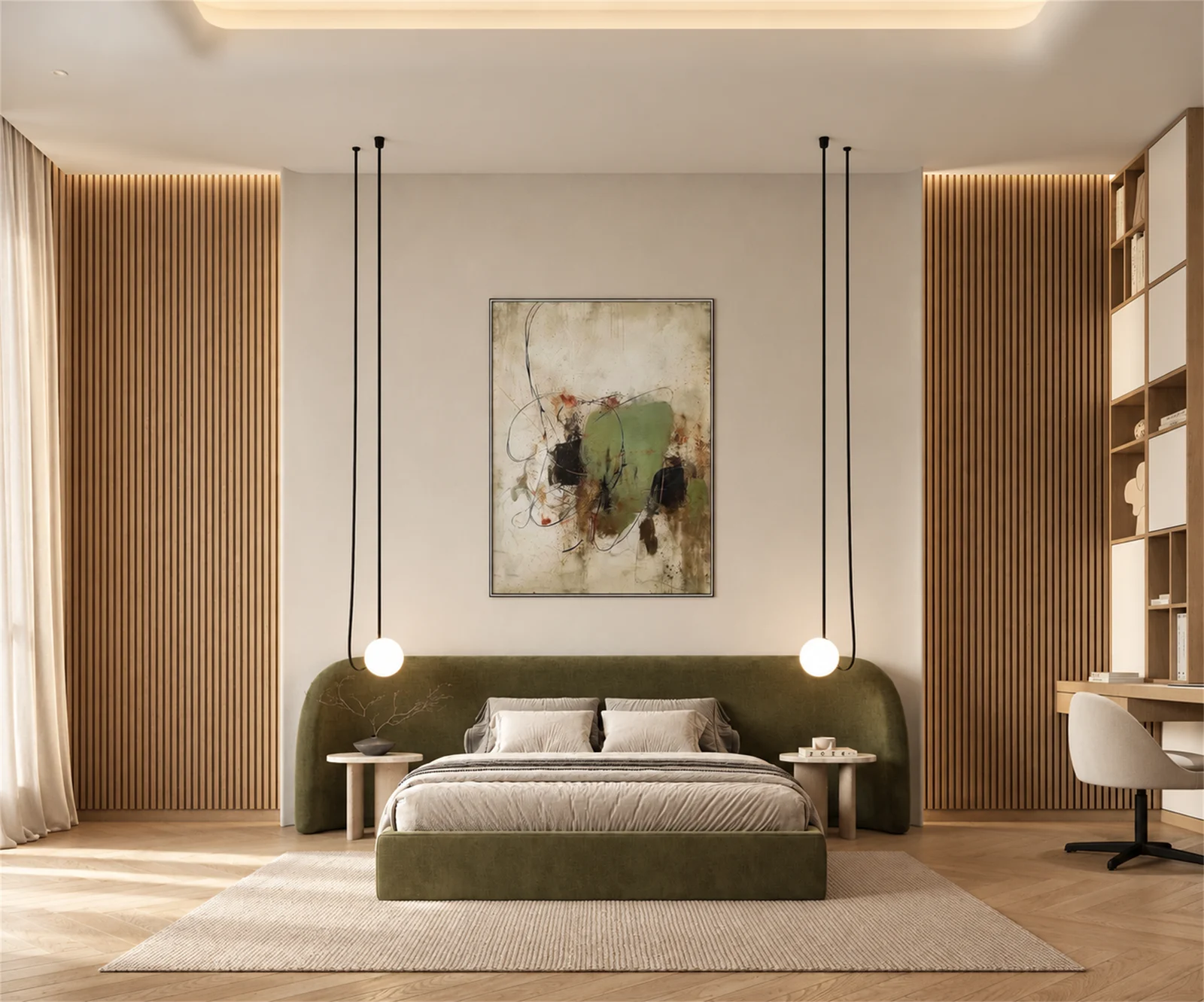 Olive upholstered bed beneath abstract artwork & globe pendants