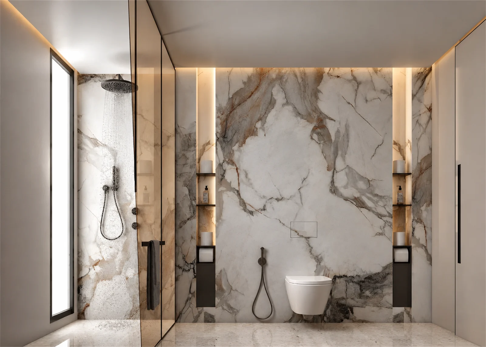 Bathroom with veined stone walls & glazed shower