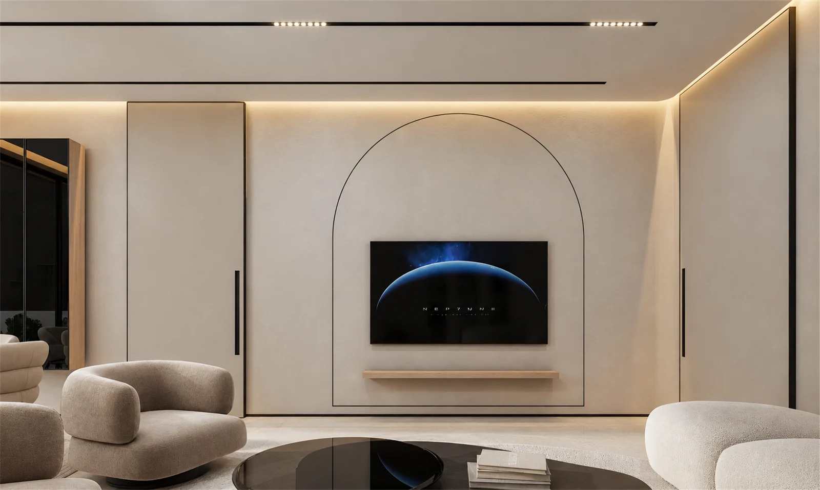 Lounge TV wall with an arched outline
