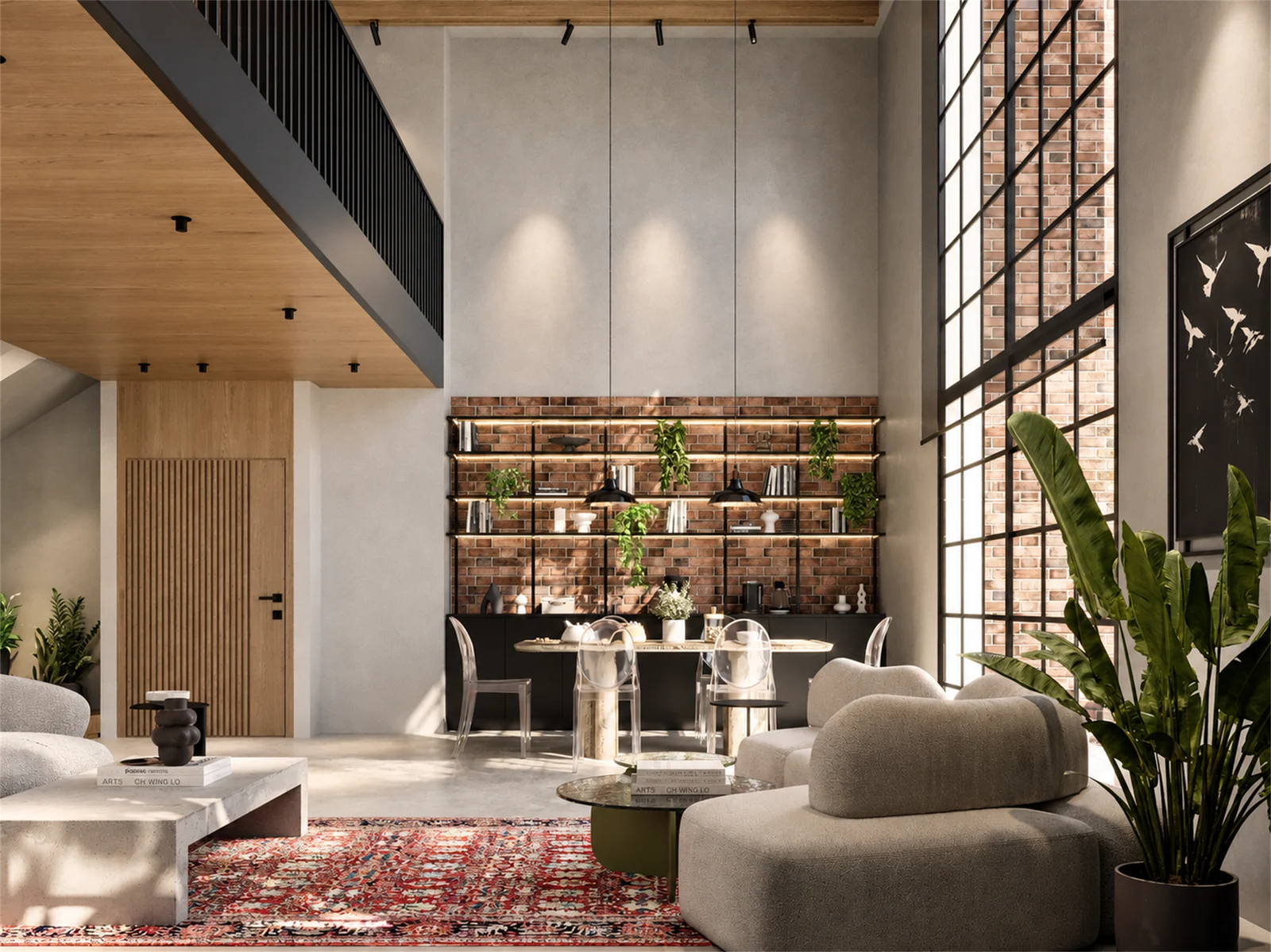 Double-height living and dining space with tall black-framed glazing