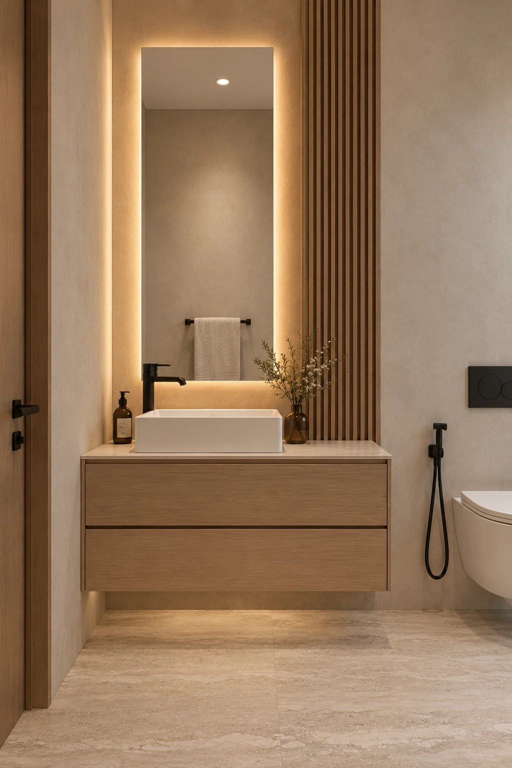 Floating bathroom vanity with a backlit mirror & timber slats